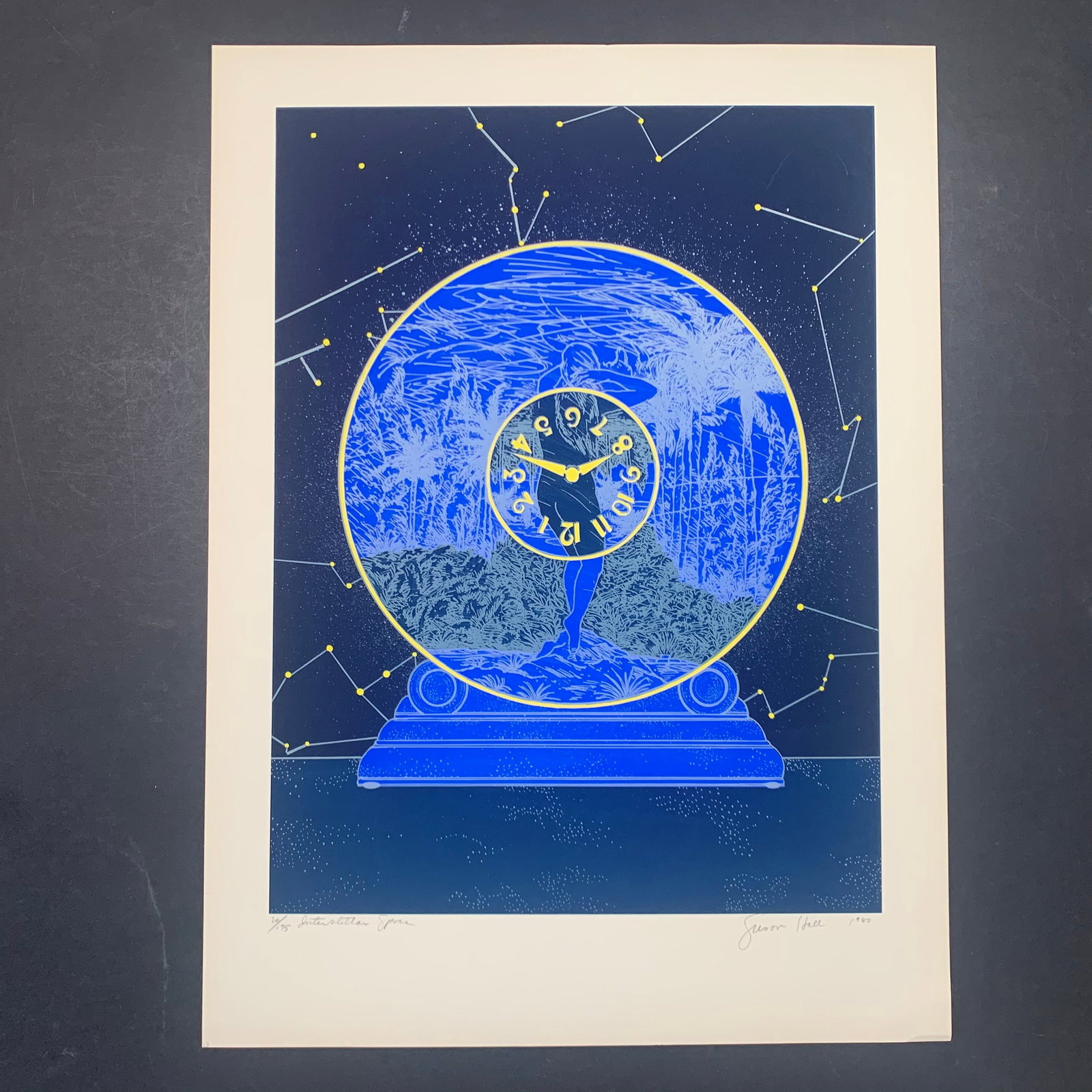 Susan Hall's "Interstellar Space" Limited Edition Print: Susan Hall's "Interstellar Space" limited edition print, signed lower right, and numbered 20/175. This piece is of a blue abstract type clock, where the face is upside down. This piece is in great con