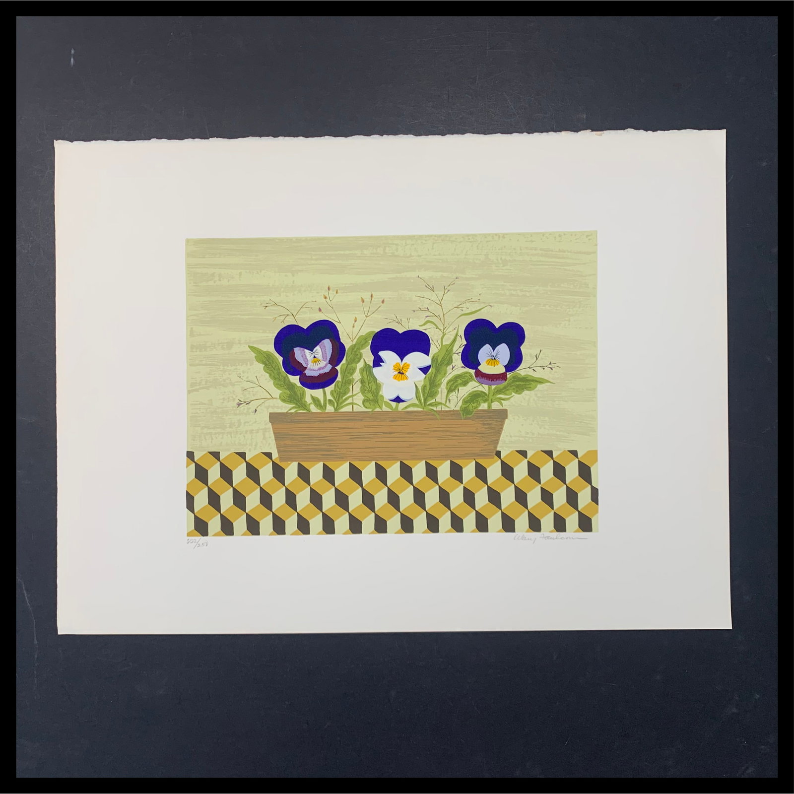 Mary Faulconer's "Three Pansies" Limited Edition Print: Mary Faulconer's "Three Pansies" limited edition print, signed lower right and numbered 222/250 lower left. This piece is of three purple pansies in a wood flower pot, and is in excellent condition. I