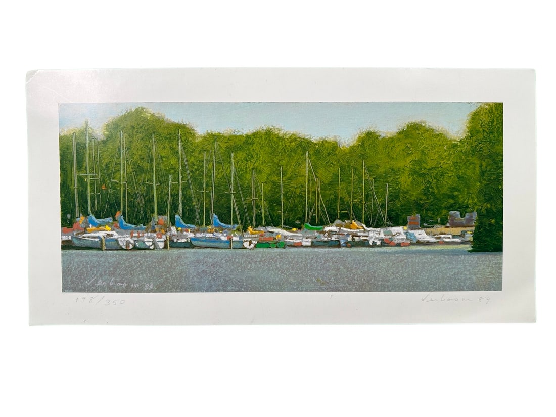 Klaas Willem Verboom's "Docked Boats" Limited Edition Print: Klaas Willem Verboom's "Docked Boats" limited edition print, signed and dated '89 lower right and numbered 198/350 lower left. Many boats are docked at the shore's edge, with big beautiful trees in th