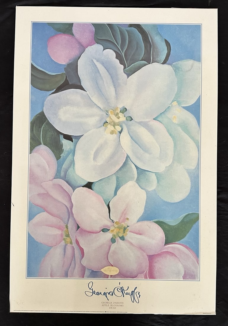Georgia O'Keefe's "Apple Blossoms" Open Edition Print: Georgia O'Keefe's "Apple Blossoms" open edition print, from the original done in 1930. This print is in excellent condition and been mounted to hard board. Image: 36" x 24".