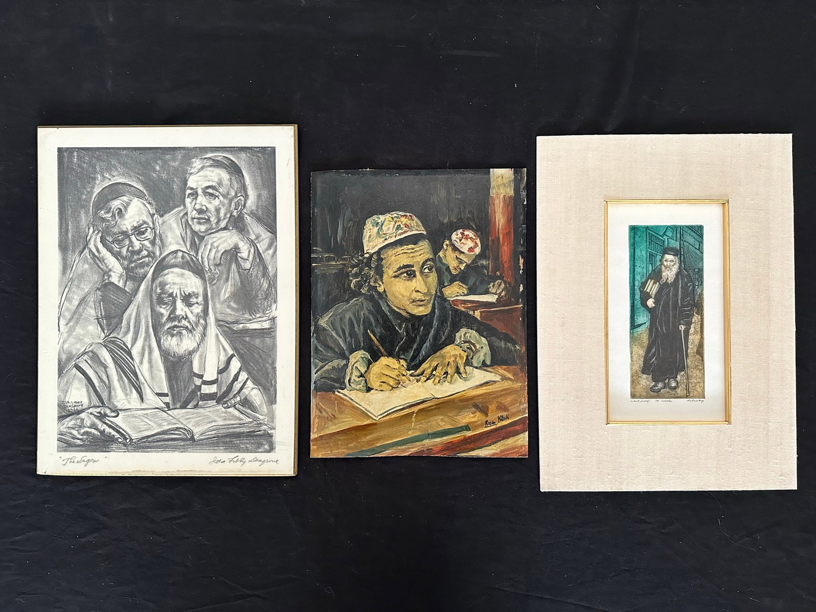 Jewish and Judaica Originals and Limited Edition Print: A group of 3 pieces of Jewish and Judaica art. Includes Ida Libby Dengrove's "The Sages" print signed lower right and titled lower left. In near excellent condition with very minor staining at bottom