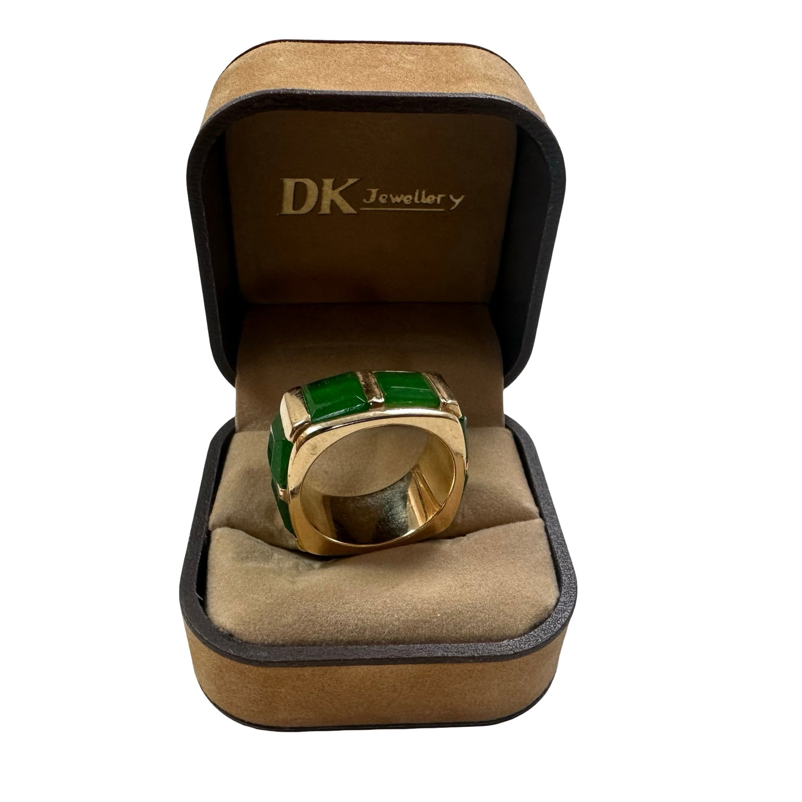 Custom 14K Gold Men’s Ring with Eight Square-Cut Natural Green Jade Panels - Architectural: An imposing and architecturally striking custom-designed men’s ring crafted in solid 14K yellow gold, masterfully set with eight square-cut faceted natural green jade panels, each approximately 8mm