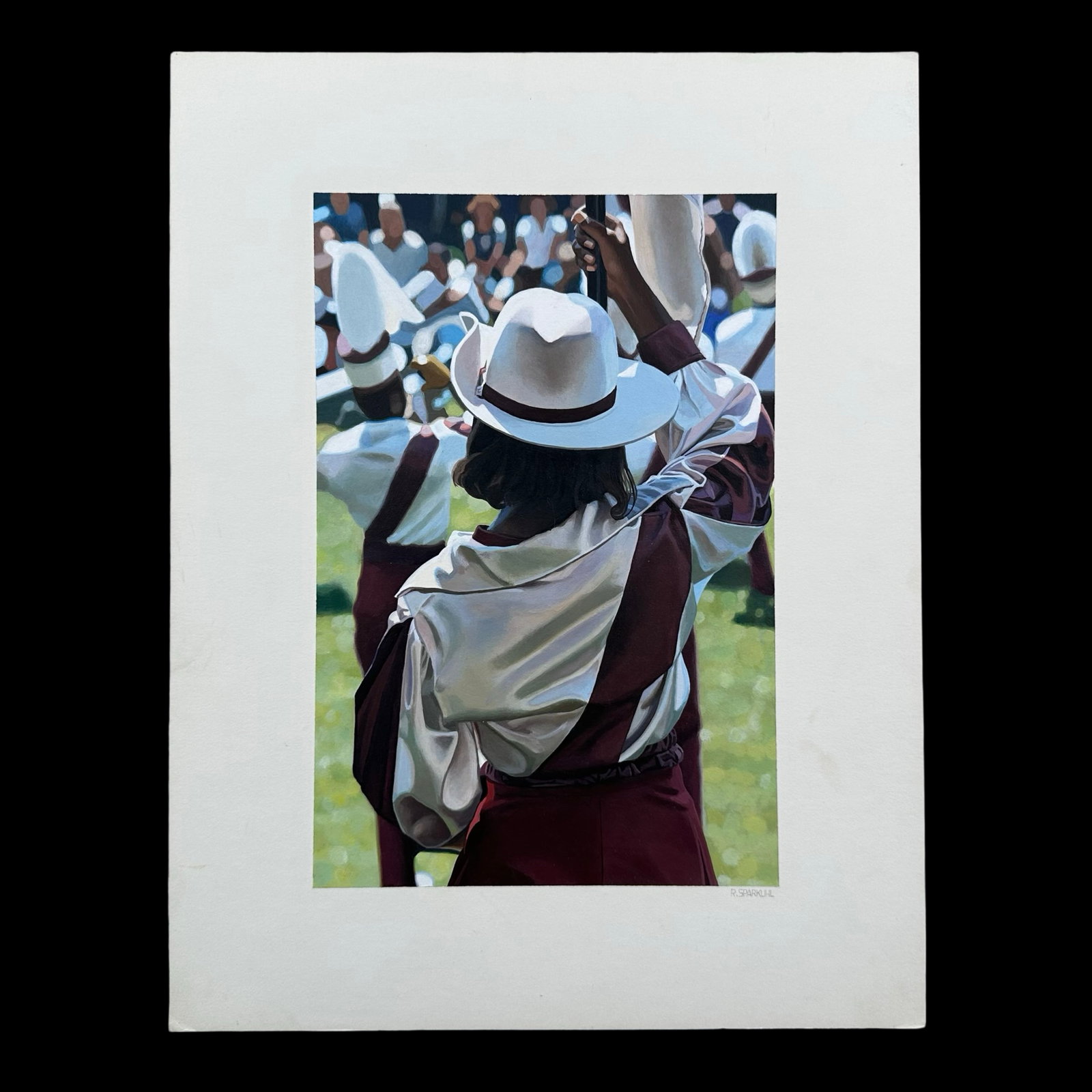 Rudy Sparkuhl, Untitled, "Woman in Hat Holding Flag" Original: Rudy Sparkuhl, Untitled, "Woman in Hat Holding Flag" original on artist board, signed lower right. Image: 10" x 7".