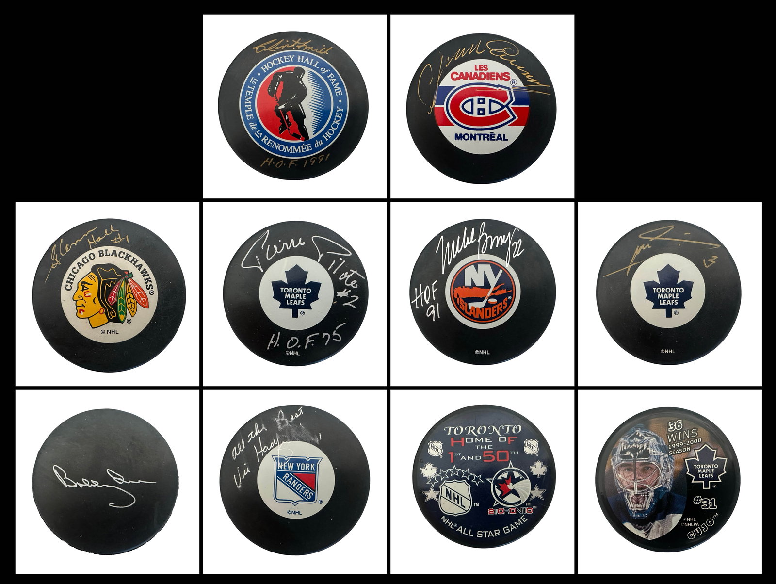 Collection of 10 NHL Autographed & Commemorative Hockey Pucks - Bobby Orr, Mike Bossy, Pierre Pilote: An impressive and visually striking collection of ten National Hockey League pucks, highlighted by a remarkable grouping of Hall of Fame autographs representing some of the most celebrated players in