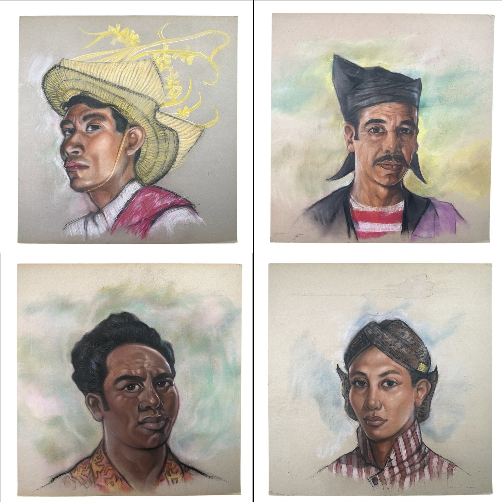 Four Original Pastel Portraits: A group of four original South American pastel portraits on board, untitled, and unsigned. Each executed well and in great to excellent condition. Image (Each): 31" x 30".