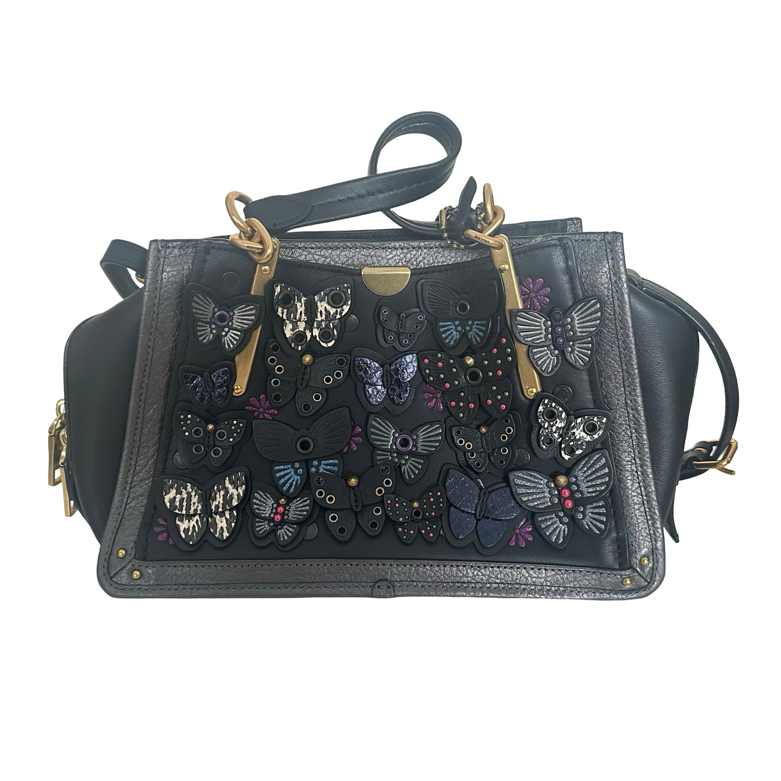 Coach New York Butterfly Applique Leather Satchel Crossbody Bag - Black - Brass Hardware - Style: Offered here is an exceptionally striking and highly collectible Coach New York leather satchel, a statement luxury handbag distinguished by its dramatic dimensional butterfly applique front panel. Cr