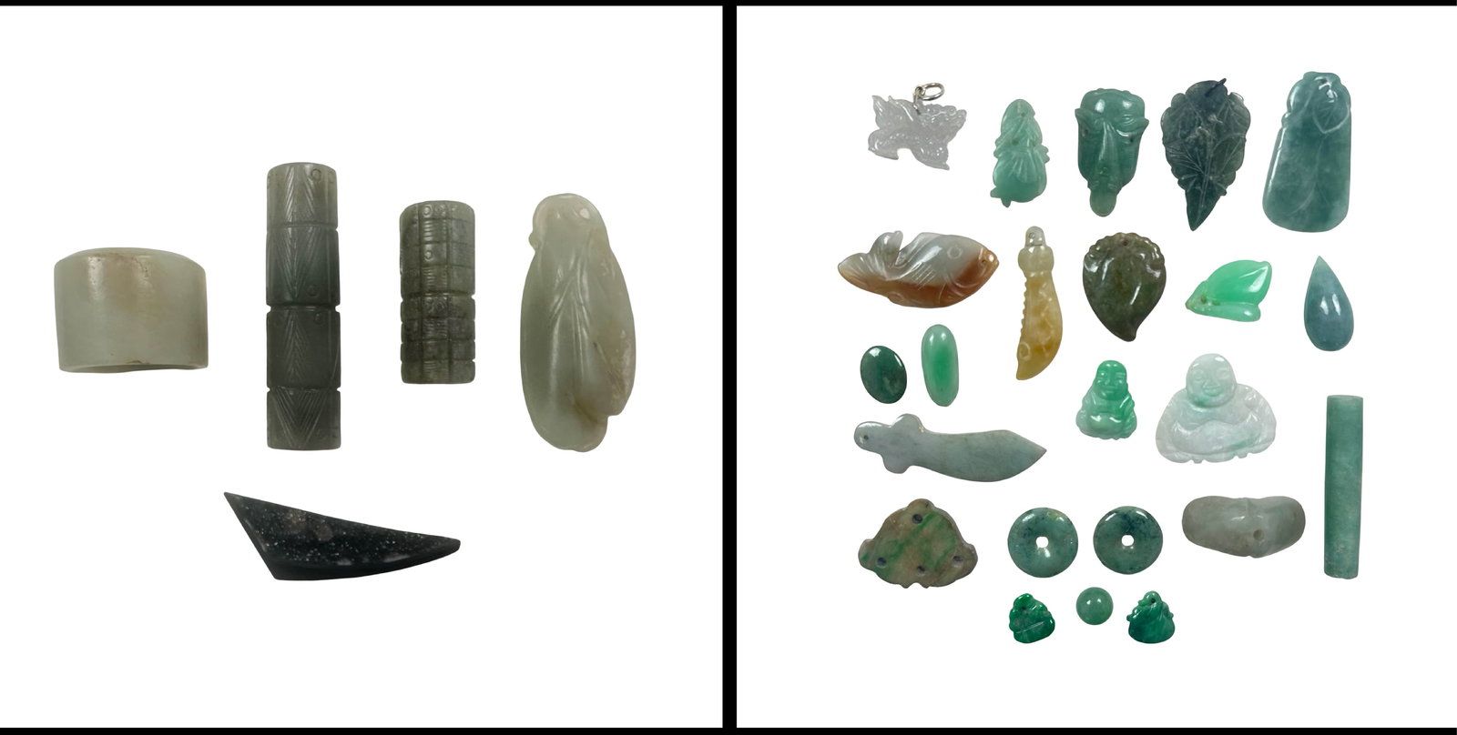 Estate Collection of Carved Jade and Hardstone Pendants and Beads - Cicada, Fish, Leaf, Buddha, Bi (1 of 9)
