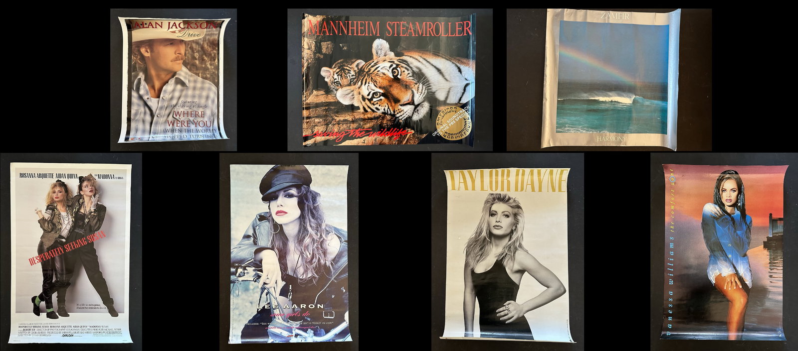 Various Music/Movie Posters: A grouping of various music and movie posters. Includes Vanessa Williams "The Comfort Zone" (very minor wrinkles), Desperately Seeking Susan "Rosanna Arquette, Aidan Quinn and Madonna as Susan" (minor