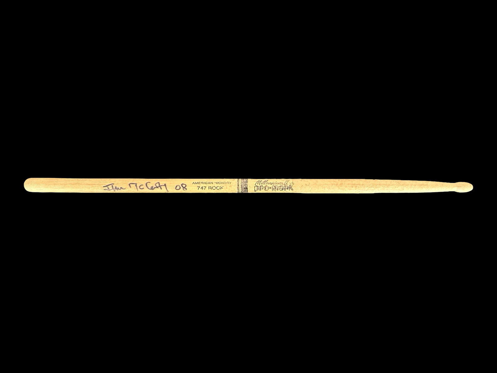Jim McCarty Signed Pro-Mark Millennium II 747 Rock Drumstick - American Hickory, Made in USA (2008): Offered here is a rare, stage-used Pro-Mark Millennium II 747 Rock drumstick, signed in bold black marker by legendary drummer Jim McCarty, renowned for his groundbreaking work with The Yardbirds and