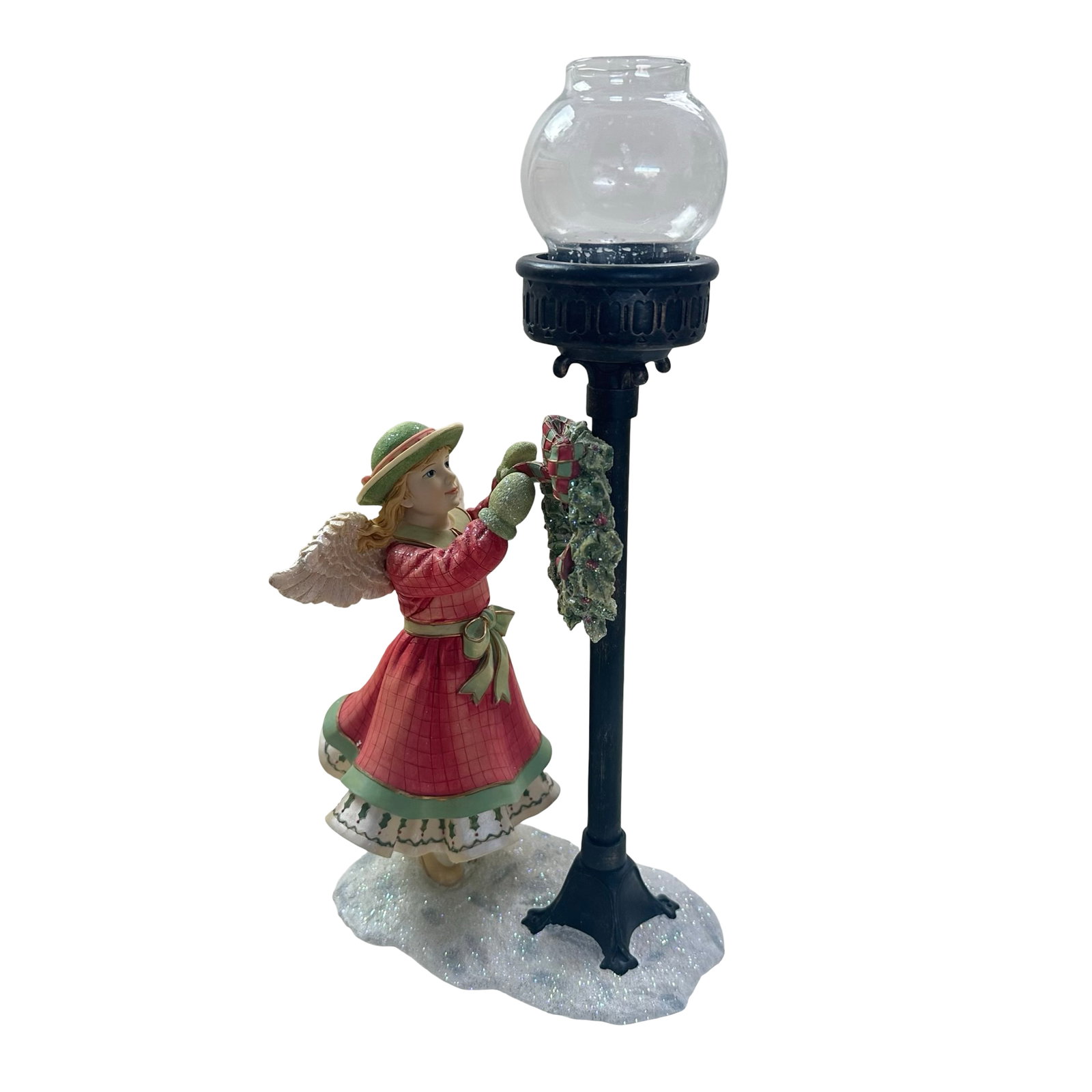 Victorian Christmas Angel Hanging Wreath on Lamppost Figurine - Glittered Winter Streetlamp Holiday: A beautifully staged Christmas tableau, this Victorian-inspired angel figurine captures a quiet, storybook moment - a winter angel, bundled in glittered mittens and a rich red dress trimmed in holly g