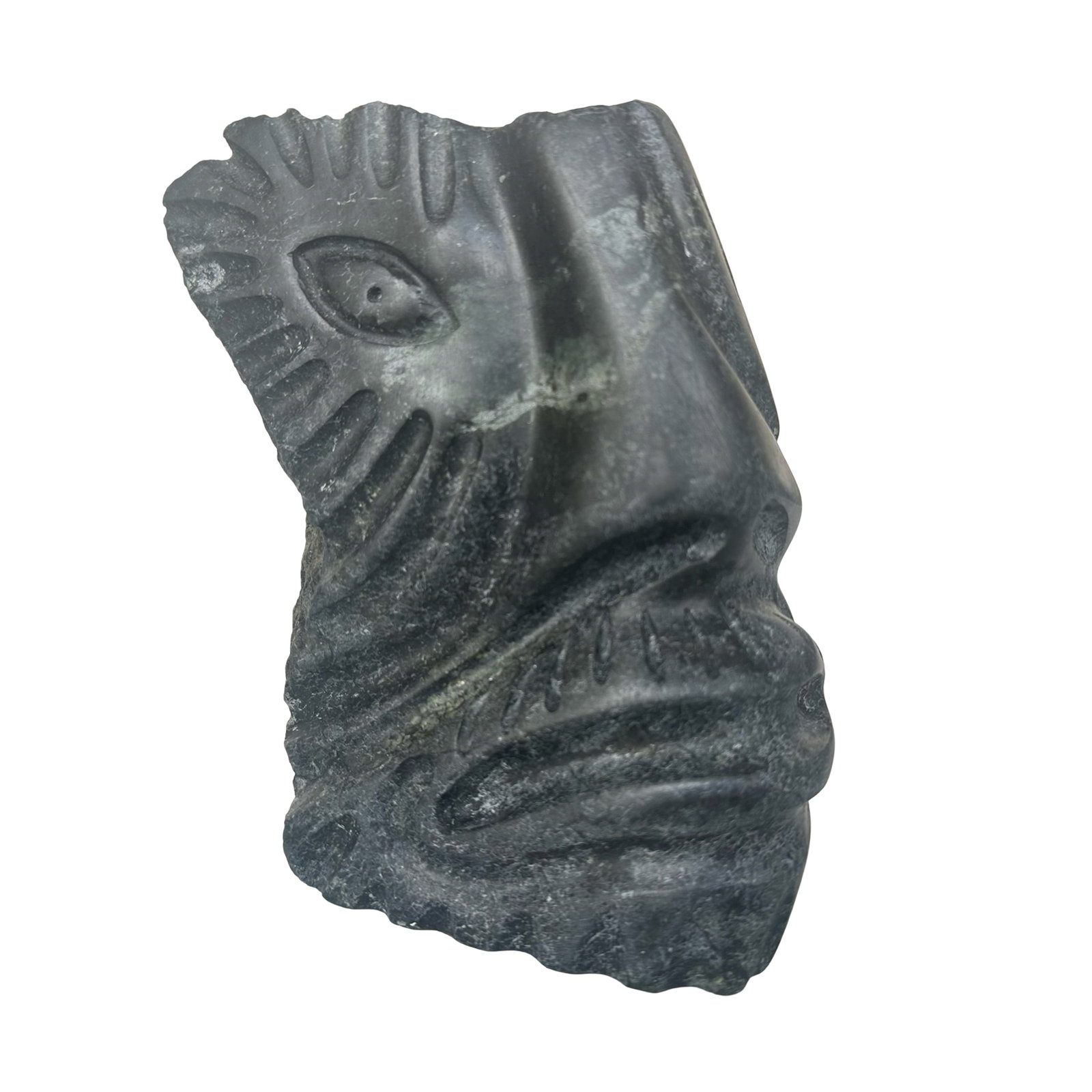 Leo Uttaq - Face - 1992 - Taloyoak Inuit Serpentine Stone Carving - Government of Canada Certified: A finely conceived and powerfully modeled Inuit stone sculpture by Leo Uttaq of Taloyoak, titled Face and carved in 1992, executed in dark green-black serpentine with a high hand-rubbed sheen to the c