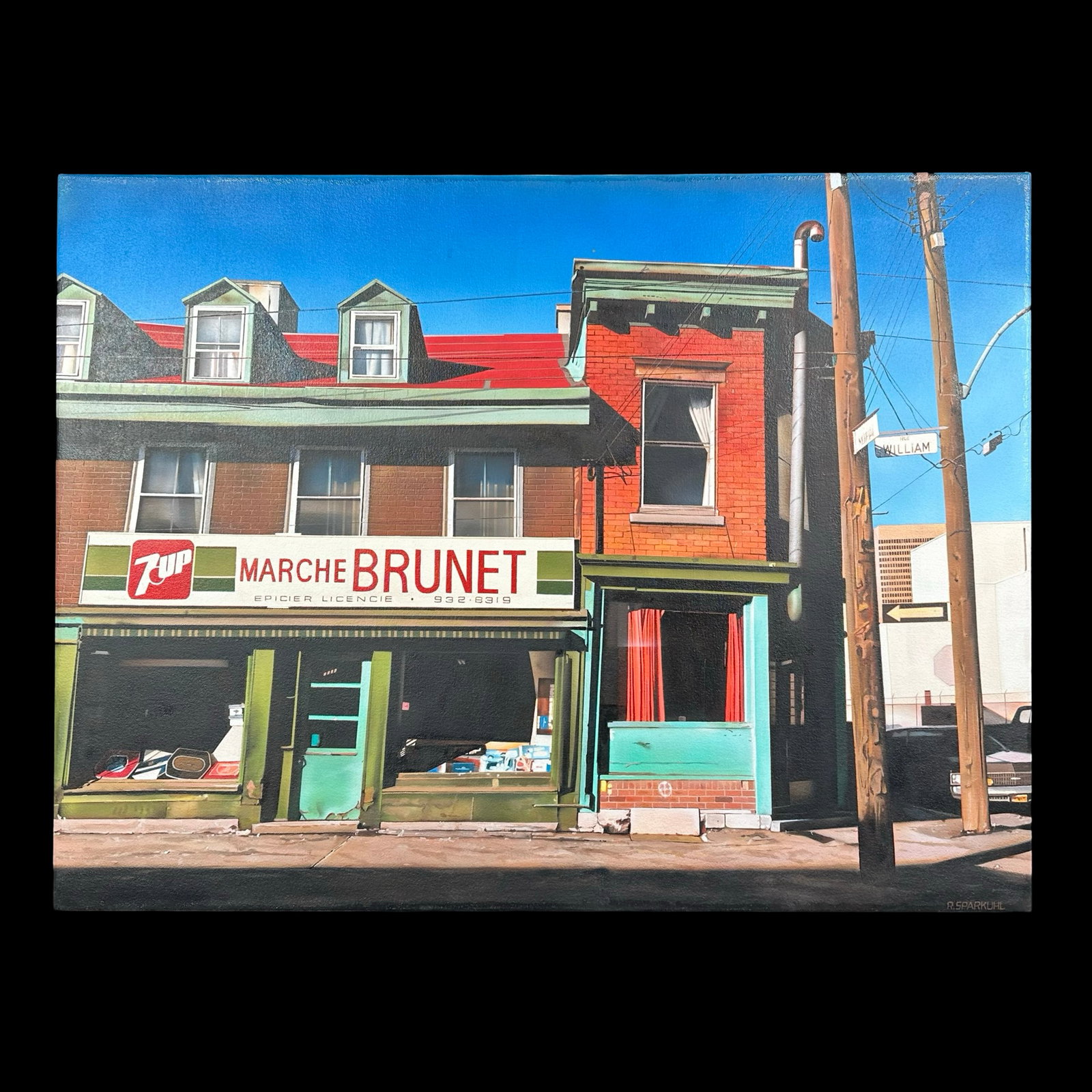 Rudy Sparkuhl's "Marche Brunet" Original: Rudy Sparkuhl's "Marche Brunet" original acrylic on canvas painting, signed lower right. 'Copyright 2009 by R. Sparkuhl' #282 au verso. Professionally stretched. PI Fine Art gallery tag sticker au ver
