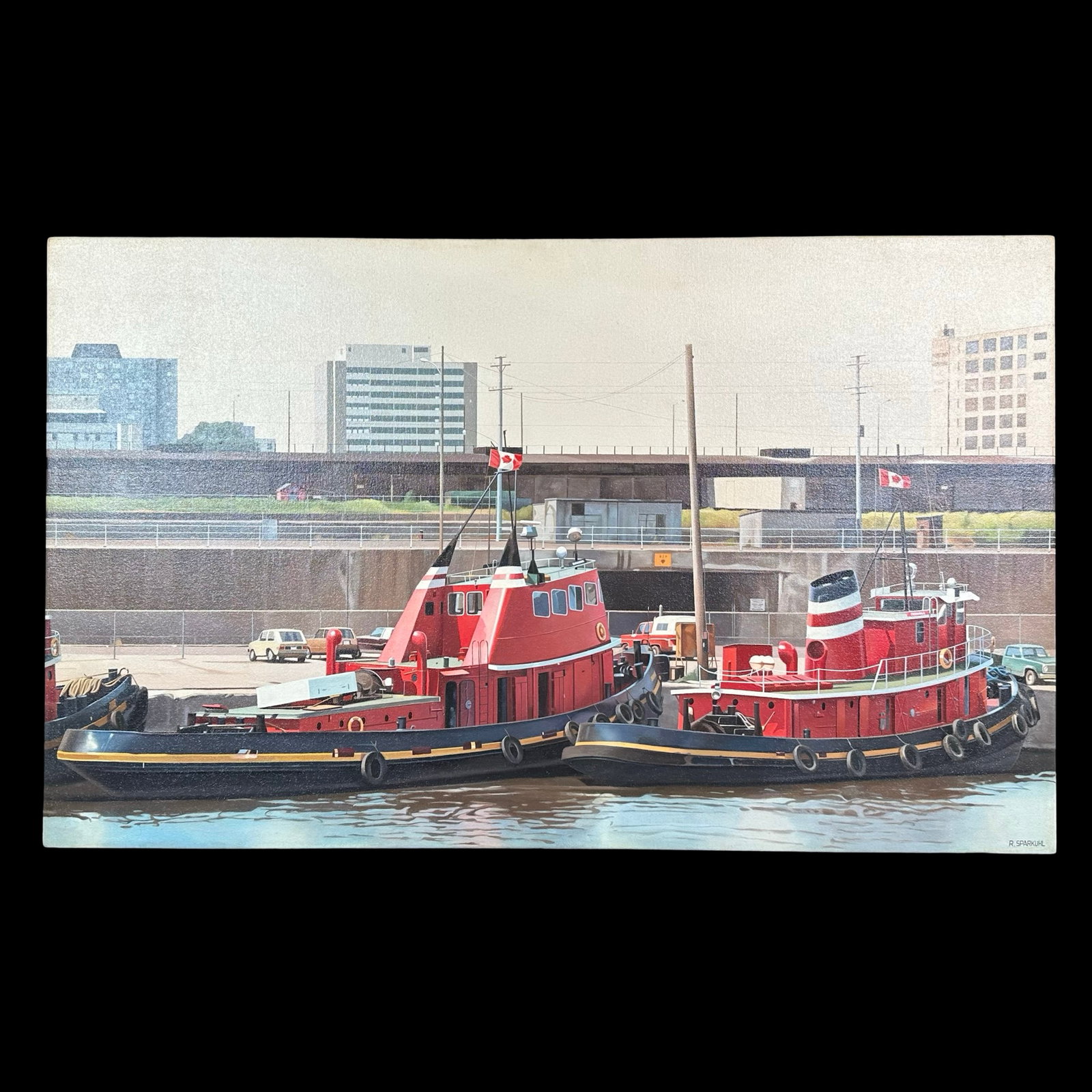 Rudy Sparkuhl's "Harbour Ferries" Original: Rudy Sparkuhl's "Harbour Ferries" original acrylic on canvas painting, signed lower right. 'Copyright 1986 by R. Sparkuhl' #89 au verso. Professionally stretched. Image: 33" x 20".