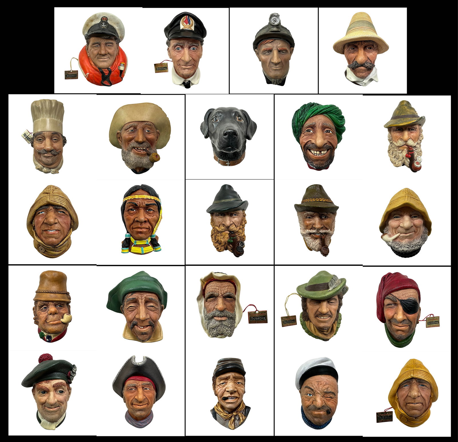 Exceptional 24 Pc Vintage Bossons Chalkware Wall Mask Collection - Maritime Sailors Pirates: An exceptional and comprehensive mid-20th century Bossons chalkware wall mask collection comprising twenty-four finely modeled and hand-painted character heads, representing one of the most diverse an