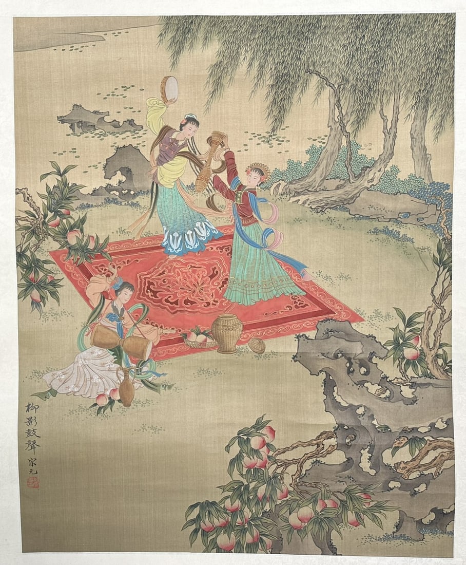 Chinese Scroll Painting: Chinese scroll painting of three women dancing in a garden, signed lower left and au verso, in excellent condition. Image: 54" x 21".