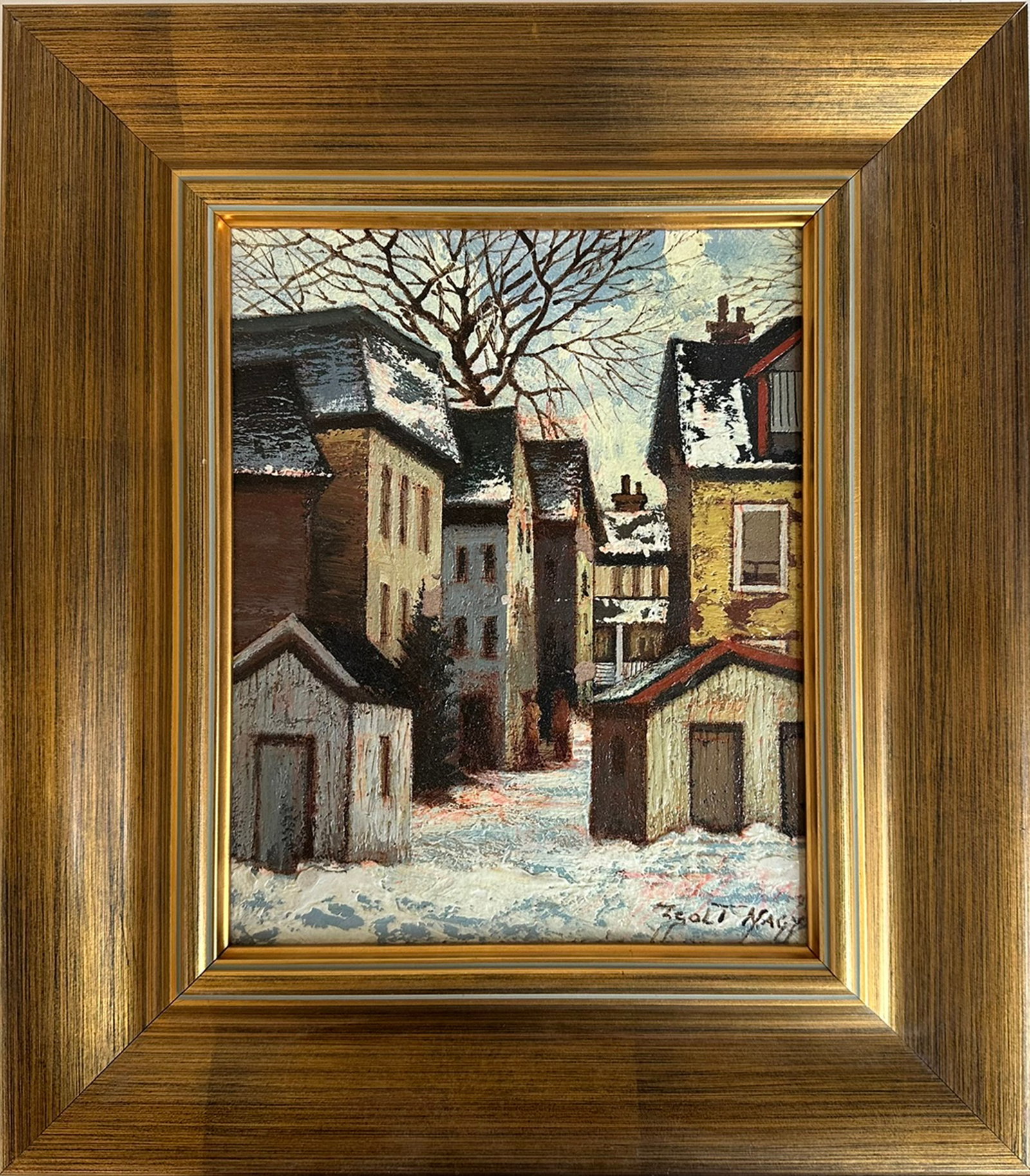 "Snowy Back Alley Scene, Montreal" - Original Oil on Board Painting by Zsolt Nagy: This captivating winter cityscape, titled "Snowy Back Alley Scene, Montreal," is a superb original oil painting by renowned Hungarian-Canadian artist Zsolt Nagy. Executed with masterful impasto techni