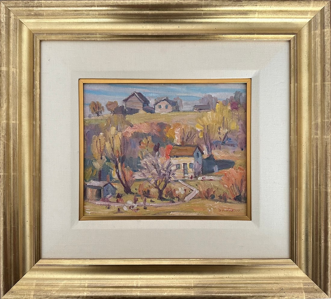 Bernice Fenwick Martin (1902–1999) - Autumn Farmstead Landscape - Original Signed Oil on Artist: This is an original oil painting on artist board by Bernice Fenwick Martin (1902–1999), depicting a serene autumn rural landscape rendered with confident, expressive brushwork and a refined sense of