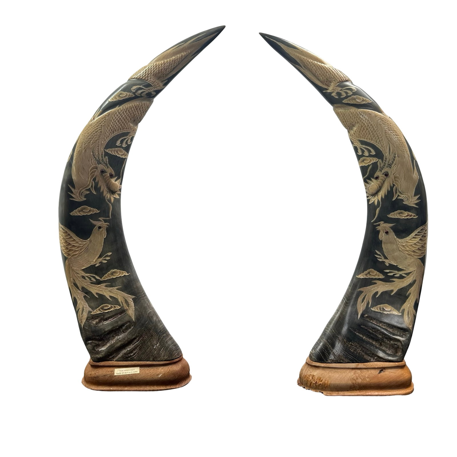 Matched Pair Thai Carved Water Buffalo Horns - Dragon & Phoenix Motifs - 18 Inches Tall - Signed (1 of 9)
