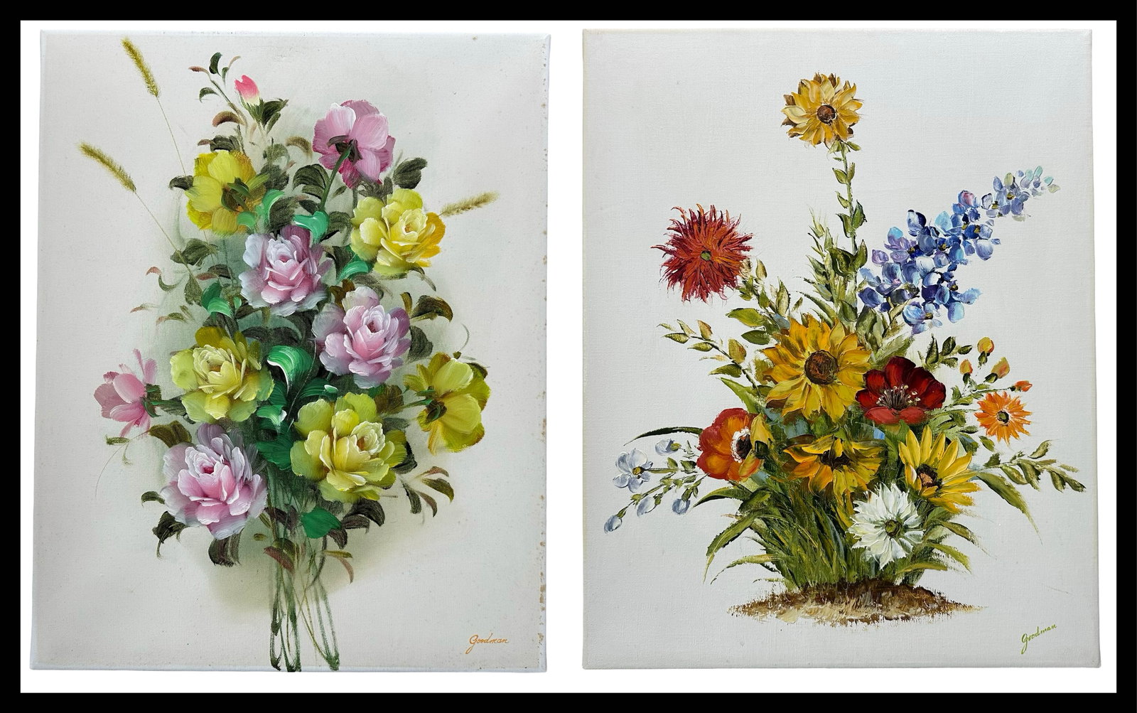 Goodman's Floral Bouquet Oil on Canvas Original Paintings: Exuberant and vividly colourful original oil on canvas paintings by Goodman, each measuring 20” x 16”, showcasing a radiant wildflower bouquets that captures the untamed beauty of nature.