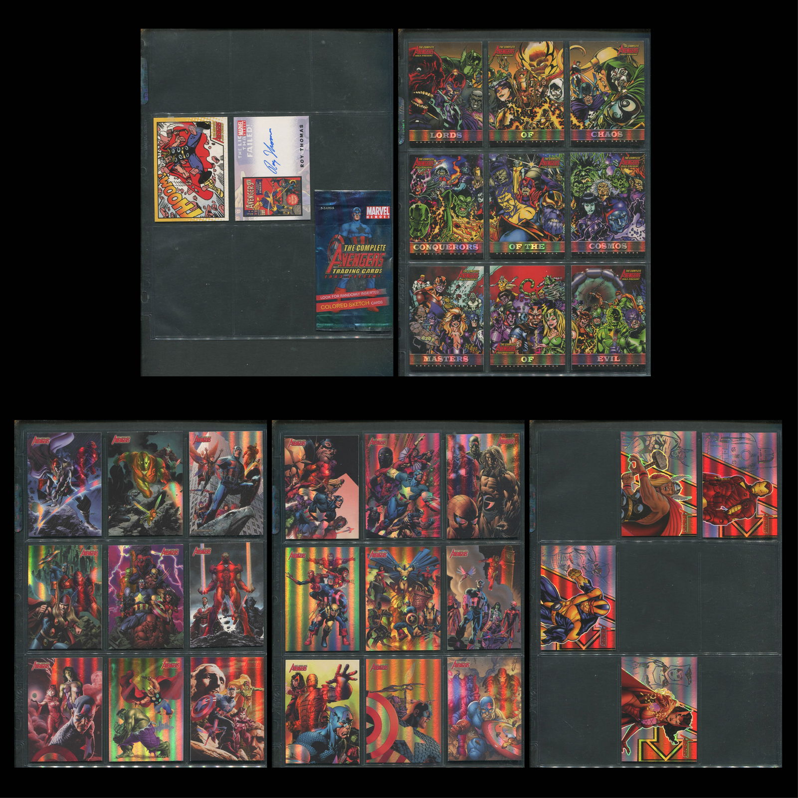 Complete Avengers Marvel Trading Card Master Collection - Includes Comic Panel Cards, Classic Art,: This is a meticulously curated, high-grade Avengers-themed Marvel trading card master collection, featuring a confirmed total of 243 individual cards, beautifully preserved in 9-pocket pages and prese
