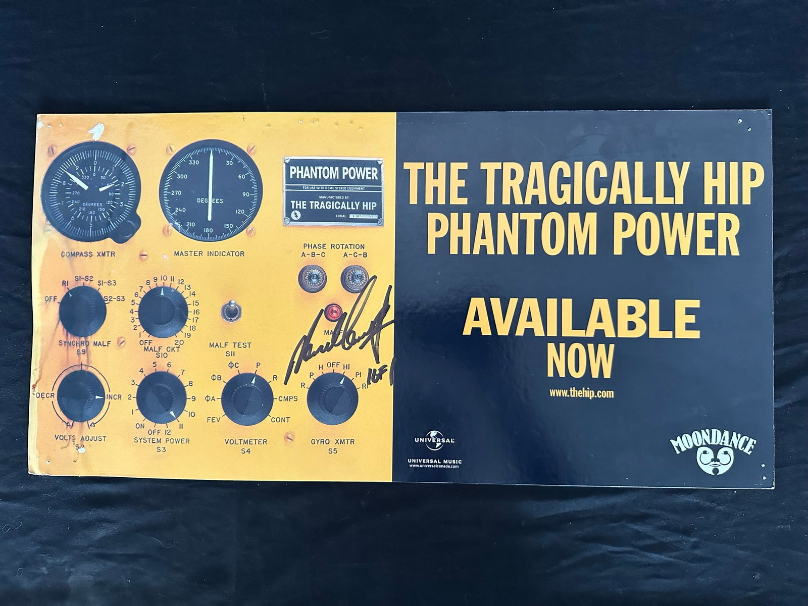 The Tragically Hip "Phantom Power" Publicity Poster: The Tragically Hip "Phantom Power" out of print Moondance cardboard publicity poster, signed 1 of 1. This piece shows signs of minor pinholes in corners and upper middle, and some moisture damage at l