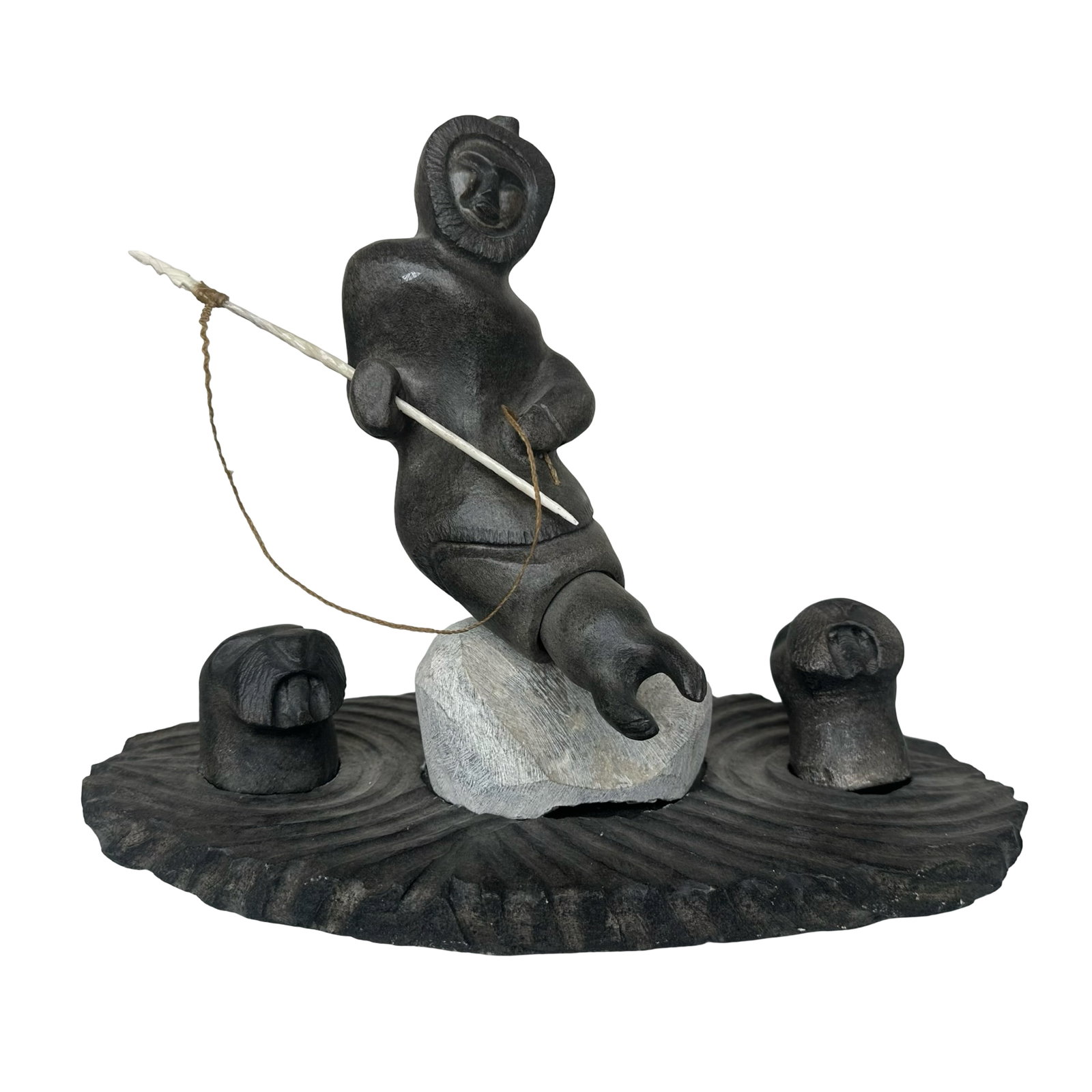 Inuit Stone Sculpture - “Sedna Hunting” by Moses Kamookak - Gjoa Haven 2019 - Certified: This exceptional hand-carved stone sculpture, titled “Sedna Hunting”, is a masterful work by acclaimed Canadian Inuk artist Moses Kamookak from Gjoa Haven, created in 2019. Crafted from rich,