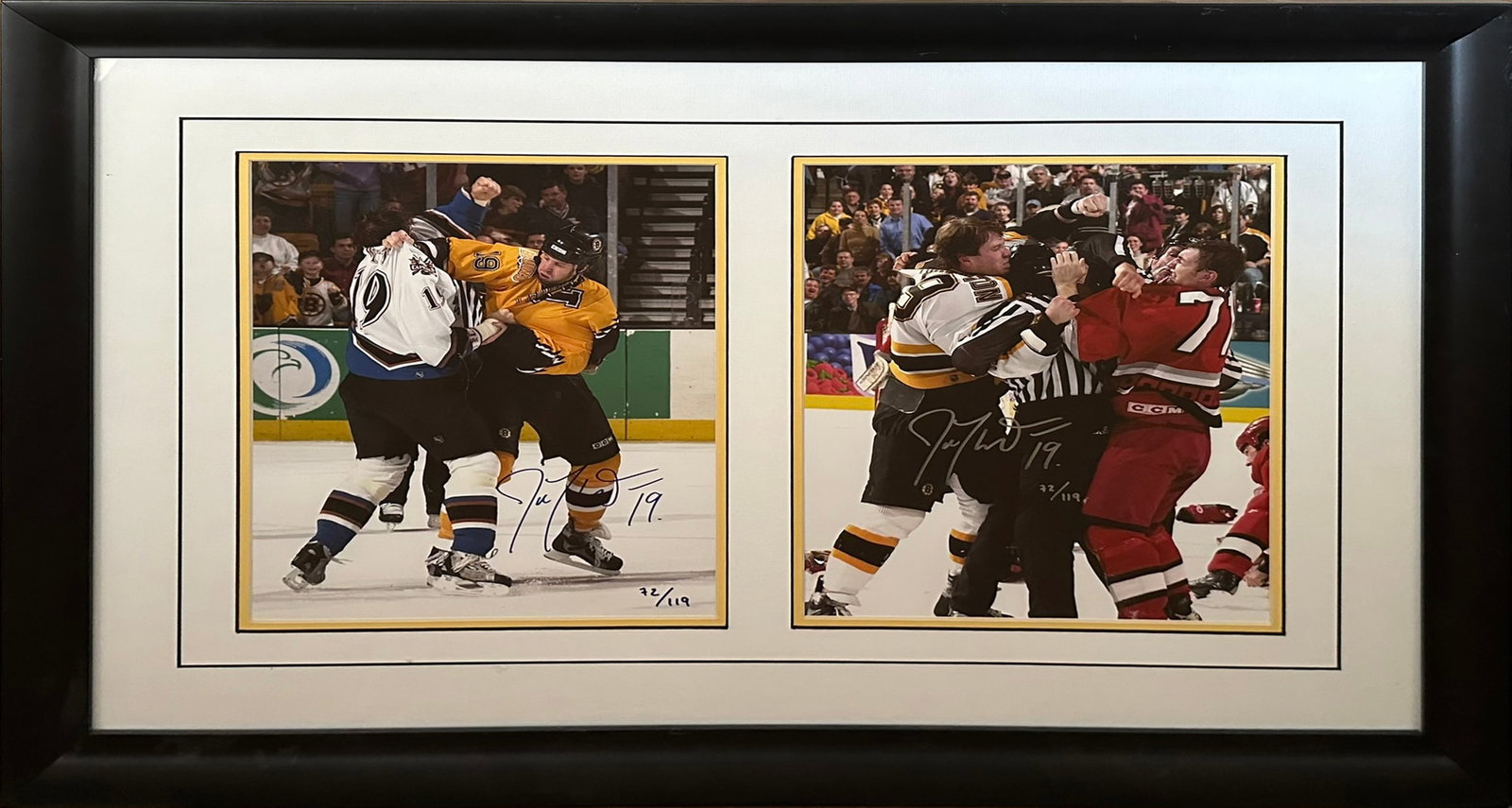 Joe Thorton NHL Limited Edition Signed Fighting Pictures: A pair of signed limited edition Joe Thorton pictures of him fighting on the ice. Both pictures are signed and numbered 72/119, and have been professionally double matted and custom framed under glass