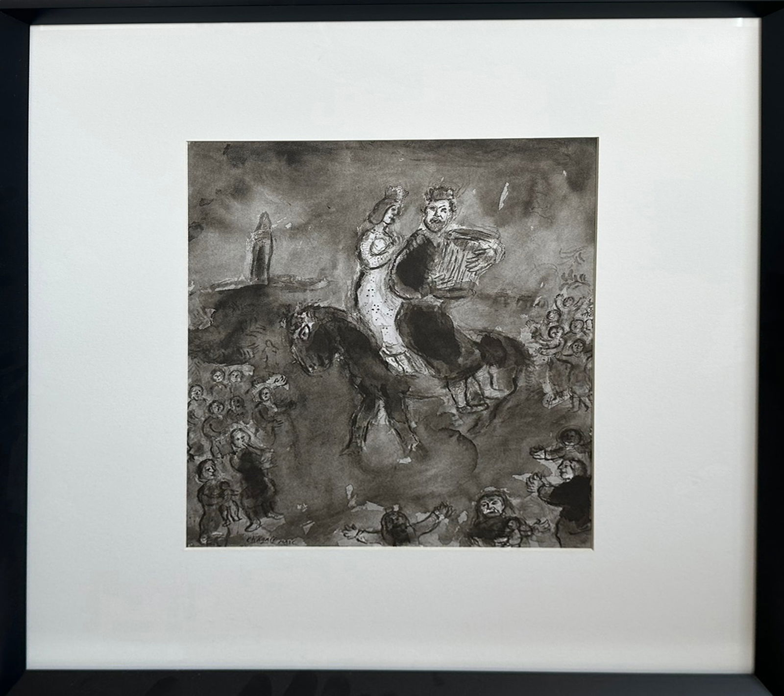 Marc Chagall (1887–1985) - "Le Violoniste et la Mariée à Cheval" - Original Lithograph, Framed: Presenting a stunning and emotionally evocative original lithograph by the world-renowned modernist master Marc Chagall, titled "Le Violoniste et la Mariée à Cheval" (The Violinist and the Bride on