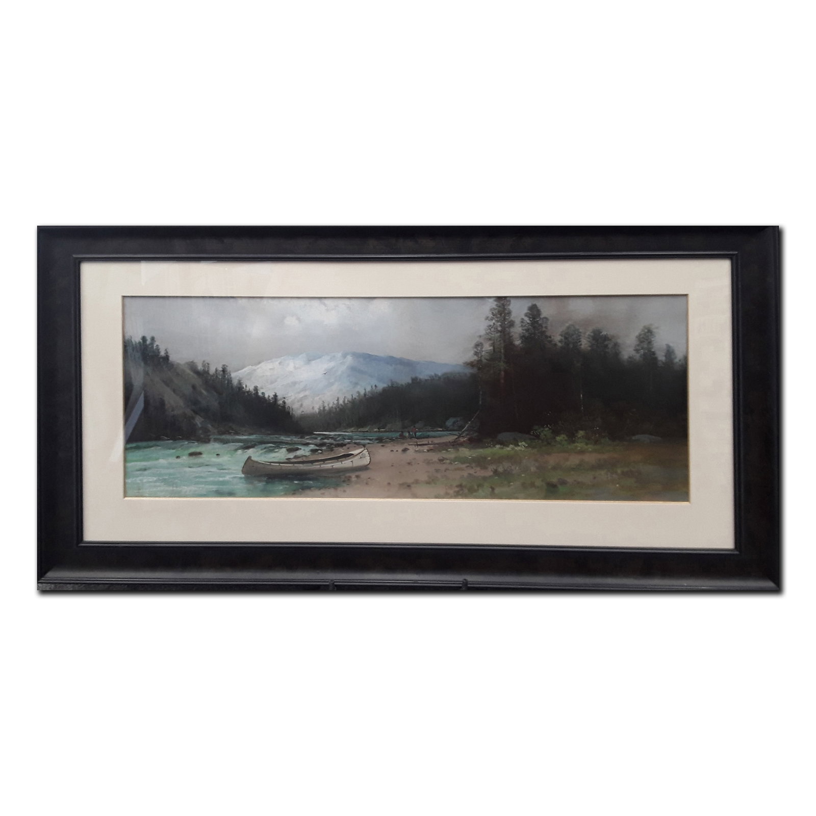 John H. Gibb's "Canoe In The Wilderness" Original Watercolour: An original watercolour painting by John H. Gibb, beautifully professionally matted and custom framed under glass. Image- 16" x 38 1/2". Frame- 28" x 5- 1/2".