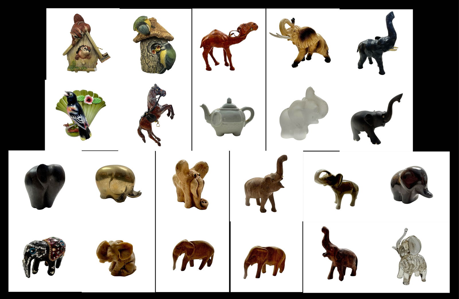 Extensive Elephant and Animal Figurine Collection - Carved Wood, Crystal, Porcelain, Brass and: An engaging and highly decorative 22 piece estate collection of elephant and animal figurines, spanning carved hardwood, hand blown and molded glass, crystal, porcelain, brass and mixed media examples