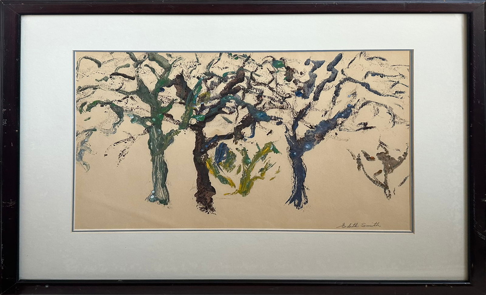Edith Smith Original Abstract Expressionist Tree Painting - Signed, Framed, Vintage Mid-Century: This original abstract painting by listed artist Edith Smith is a striking and evocative representation of a stylized forest grove, composed in an Abstract Expressionist manner. Signed clearly in pen