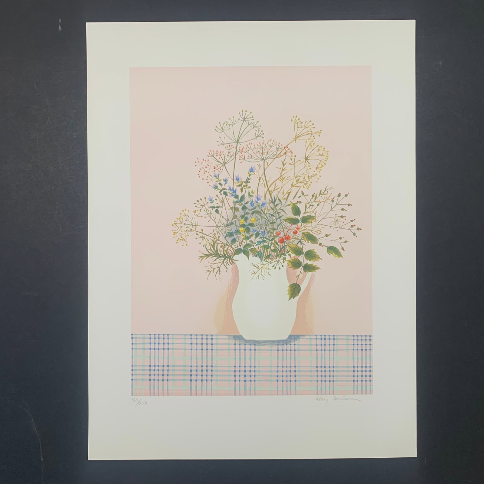 Mary Faulconer's "Herbs On Pink Background" Limited Edition Print: Mary Faulconer's "Herbs on Pink Background" limited edition print, signed lower right, and numbered 123/250 lower left. These piece is of a few colourful herbs in a white vase with a handle. This piec