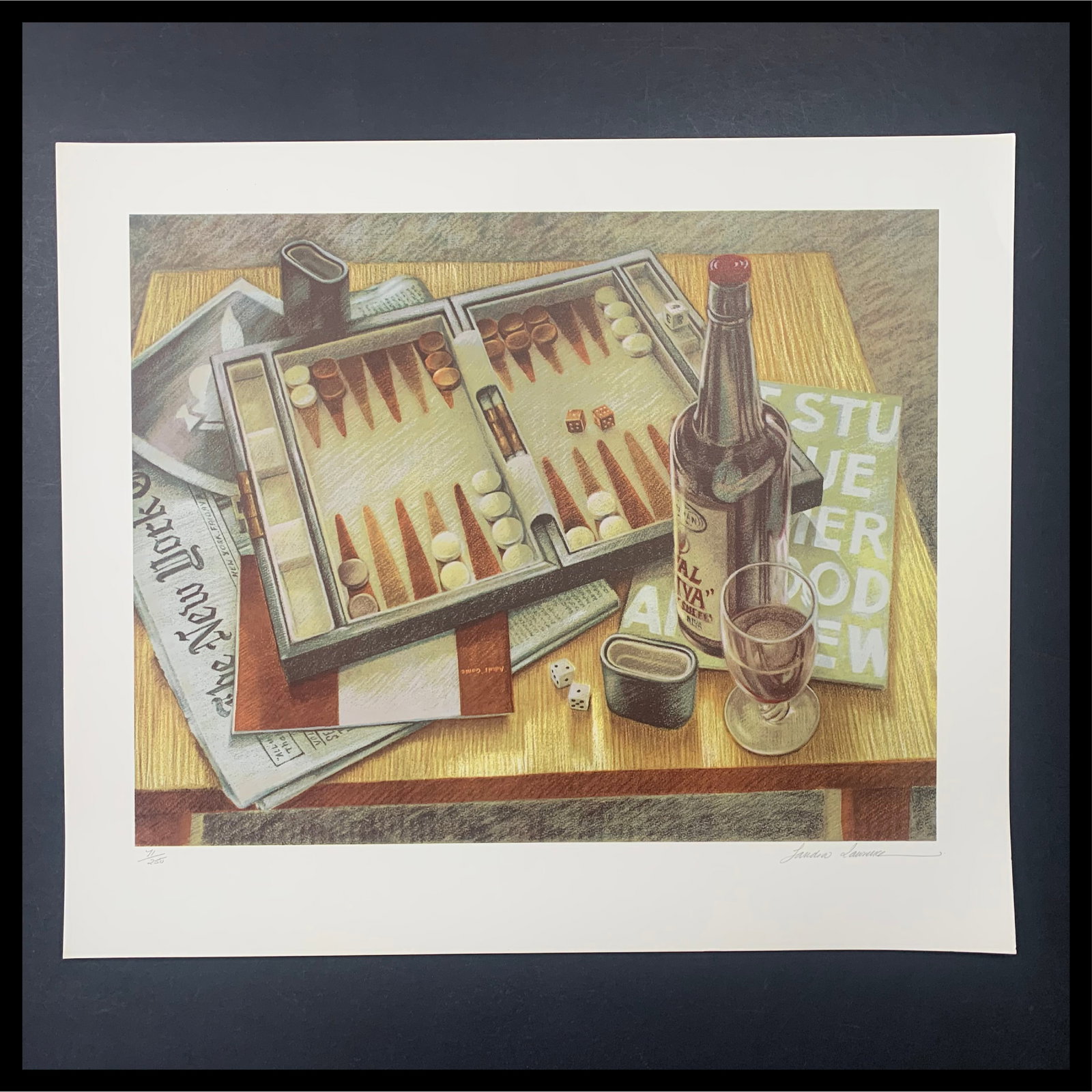 Sandra Lawrence's "Backgammon" Limited Edition Print: Sandra Lawrence's "Backgammon" limited edition print, signed lower right, and numbered 71/250 lower left. This piece is of a backgammon board, "The New York Times" newspaper, a pair of die, and a glas
