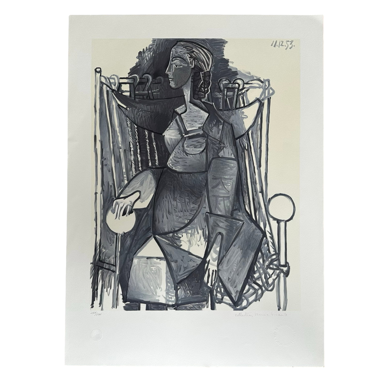 Pablo Picasso - Femme Assise dans un Fauteuil Tresse - Marina Picasso Collection Limited Edition: Offered here is a striking limited edition modernist lithographic print after Pablo Picasso titled Femme Assise dans un Fauteuil Tresse (Seated Woman in a Woven Armchair), originally dated December 11