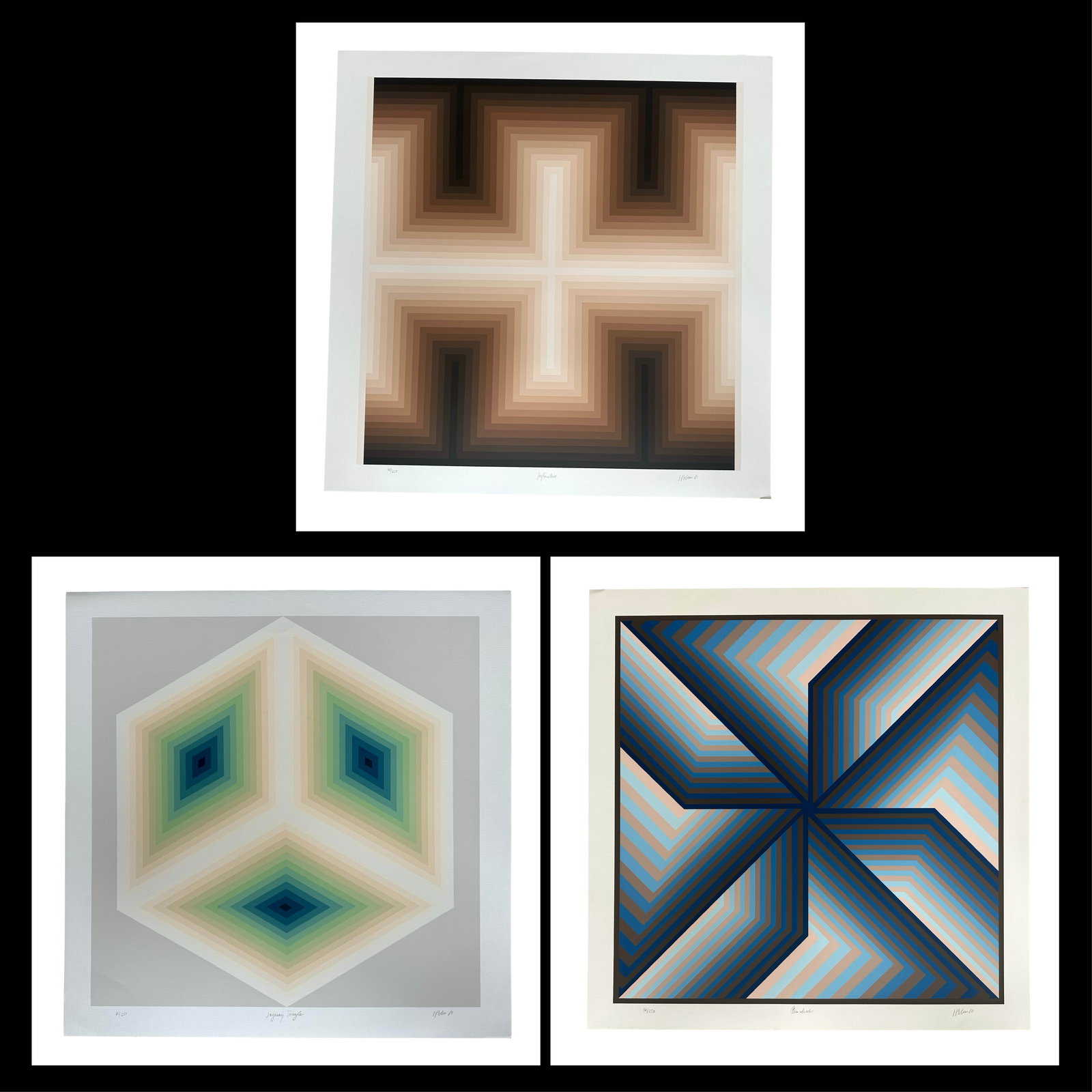Jurgen Peters 1981 Signed Limited Edition Op Art Print Suite – Infinite, Imaginary Triangle,: A visually captivating and highly collectible suite of three hand signed limited edition Op Art prints by geometric abstraction artist Jurgen Peters, executed in 1981 and issued in strictly limited ed