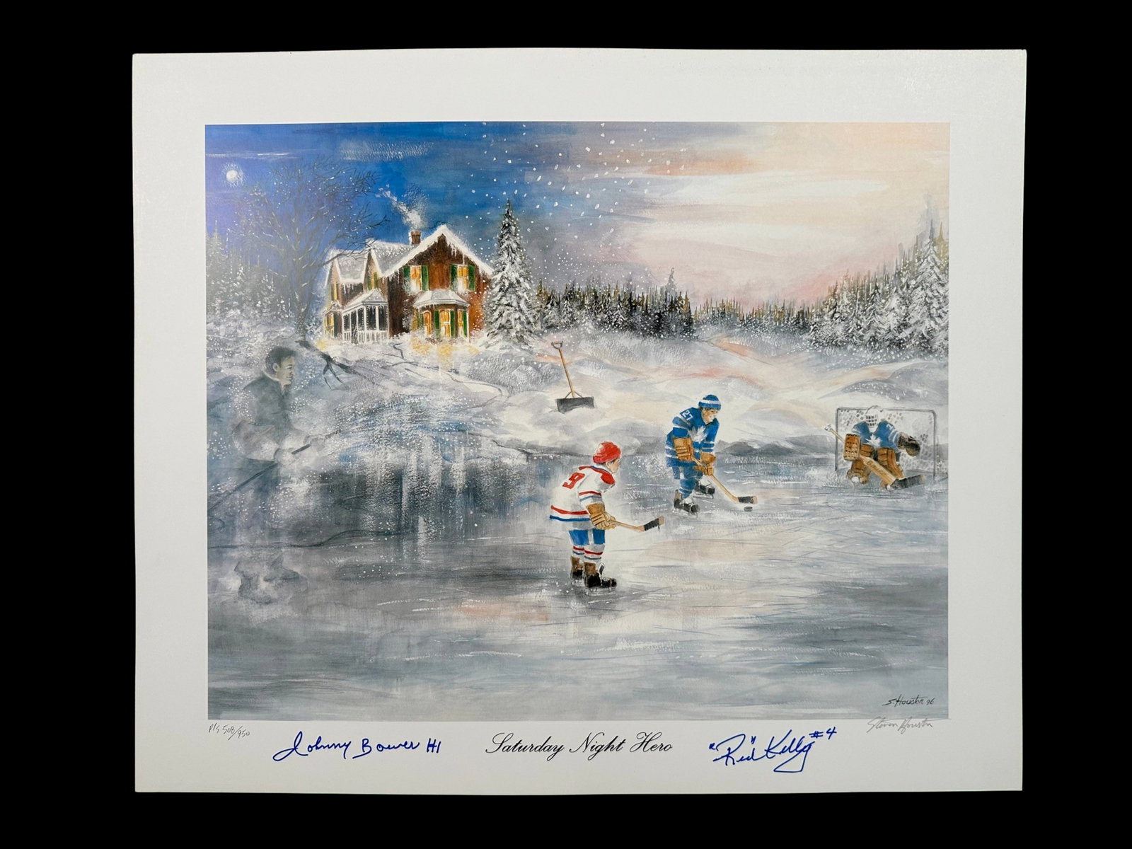 Steven Houston's "Saturday Night Hero" Limited Edition Print Signed by Johnny Bower & Red Kelly: Steven Houston's "Saturday Night Hero" limited edition print, signed lower right and numbered 508/950 lower left. This piece has been signed by Johnny Bower and Red Kelly. Sports Memorabilia, Autograp