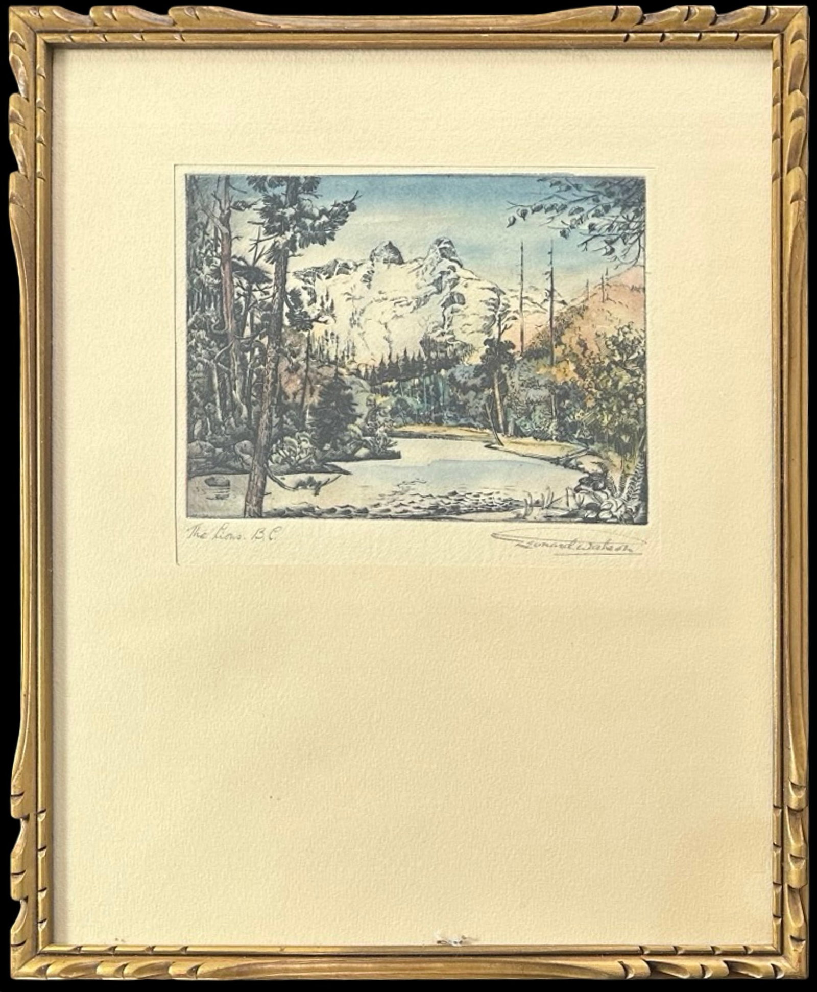 “The Lions, B.C.?? Original Hand-Colored Etching by Leonard Watson - Signed Artist Proof, Framed: Offered for sale is an exquisite original hand-colored etching titled “The Lions, B.C.” by renowned Canadian artist Leonard Watson. This striking piece captures the iconic twin-peaked mountain