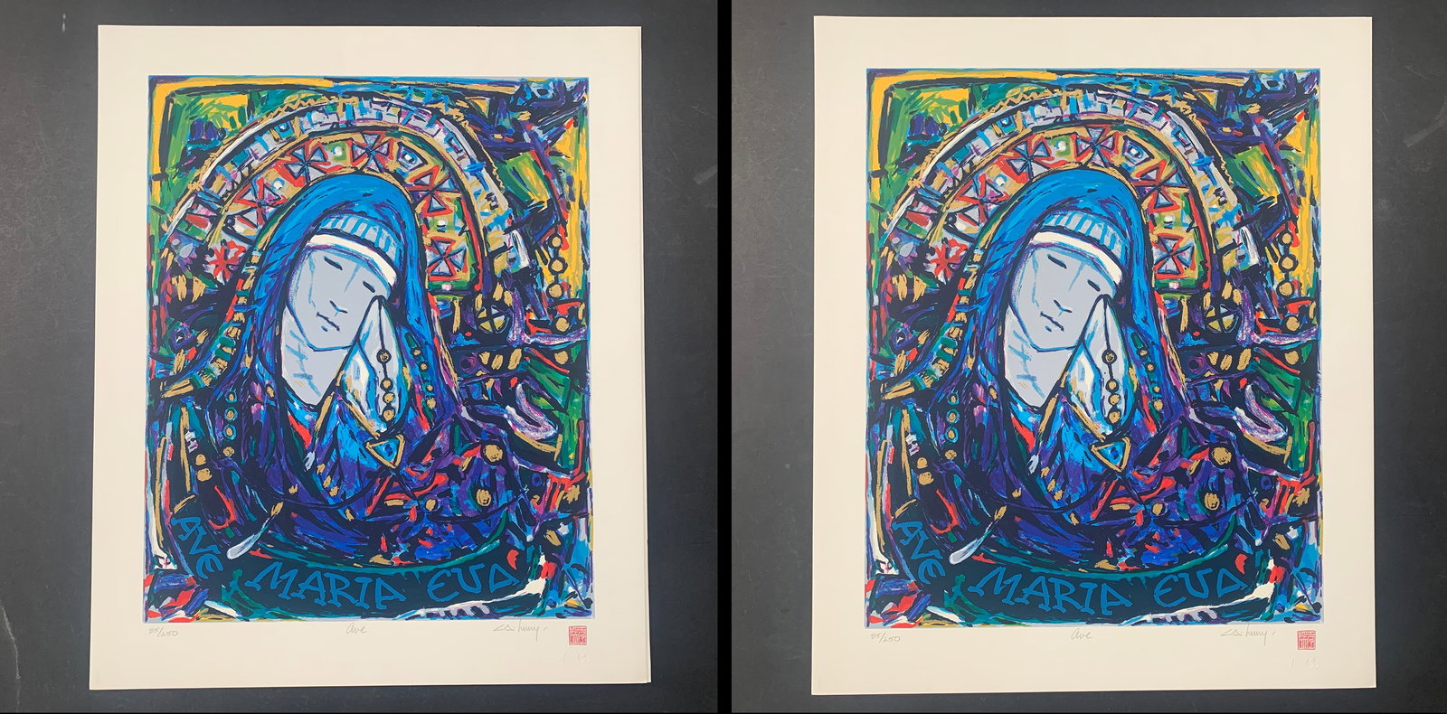 C.A. Henry's "Ave" Limited Edition Prints: CA Henry's "Ave" limited edition prints, signed lower right and numbered 85/250 and 84/250 lower left. These pieces are of a nun wiping a tear from her eye, done in Henry's hip, colourful stlye. These