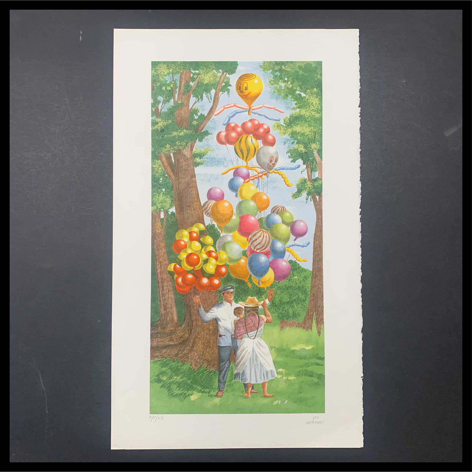 Vic Herman's "The Balloon on Top Please" Limited Edition Print: Vic Herman's "The Balloon on Top Please" limited edition Artist Proof print, signed lower right, and numbered AP 23. This piece is in good condition with a few minor corner folds. Image: 24 1/2" x 12"