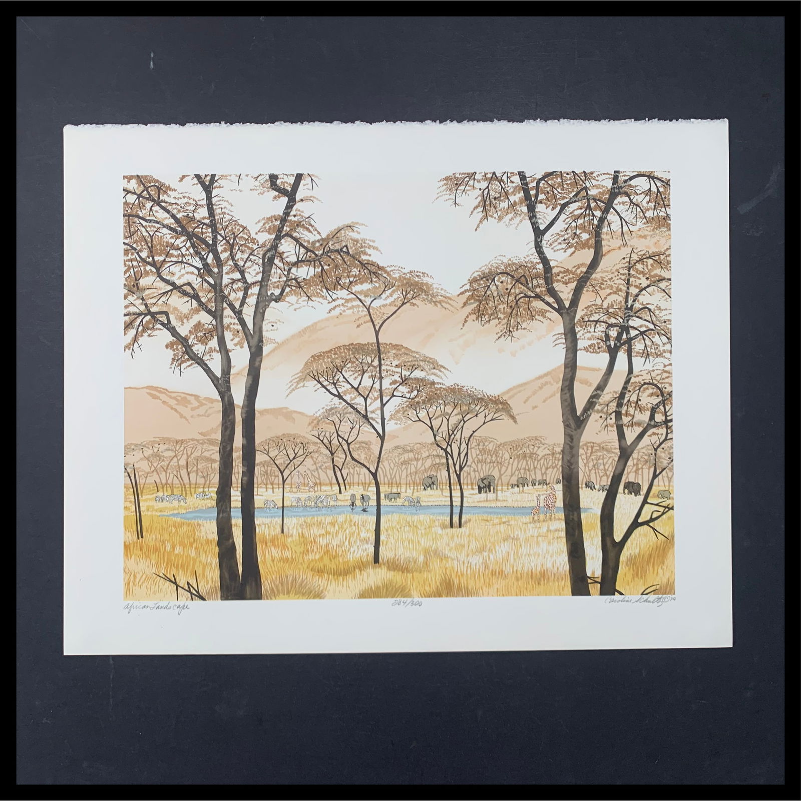Caroline Schultz's "African Landscape" Limited Edition Print: Caroline Schultz's "African Landscape" limited eition print, signed lower right and numbered 284/300 lower middle. This piece is of an african scene with elephants, zebras, water buffalo, and giraffes