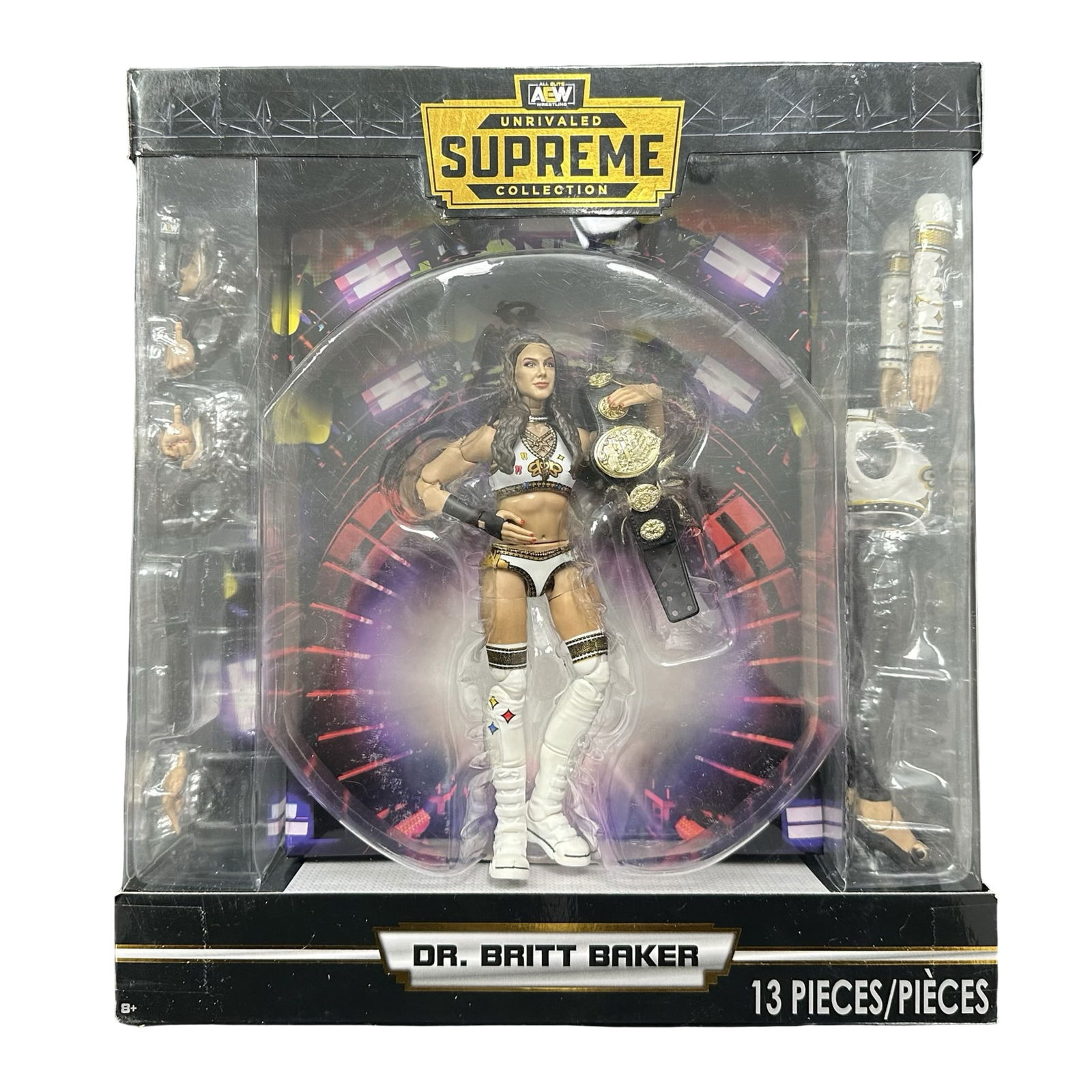 AEW Unrivaled Supreme Collection Dr. Britt Baker D.M.D. Signed Action Figure with AEW Women’s: Offered here is a premium AEW Unrivaled Supreme Collection action figure of Dr. Britt Baker, D.M.D., presented in the deluxe-format Supreme Collection packaging with a full 13-piece accessory configur