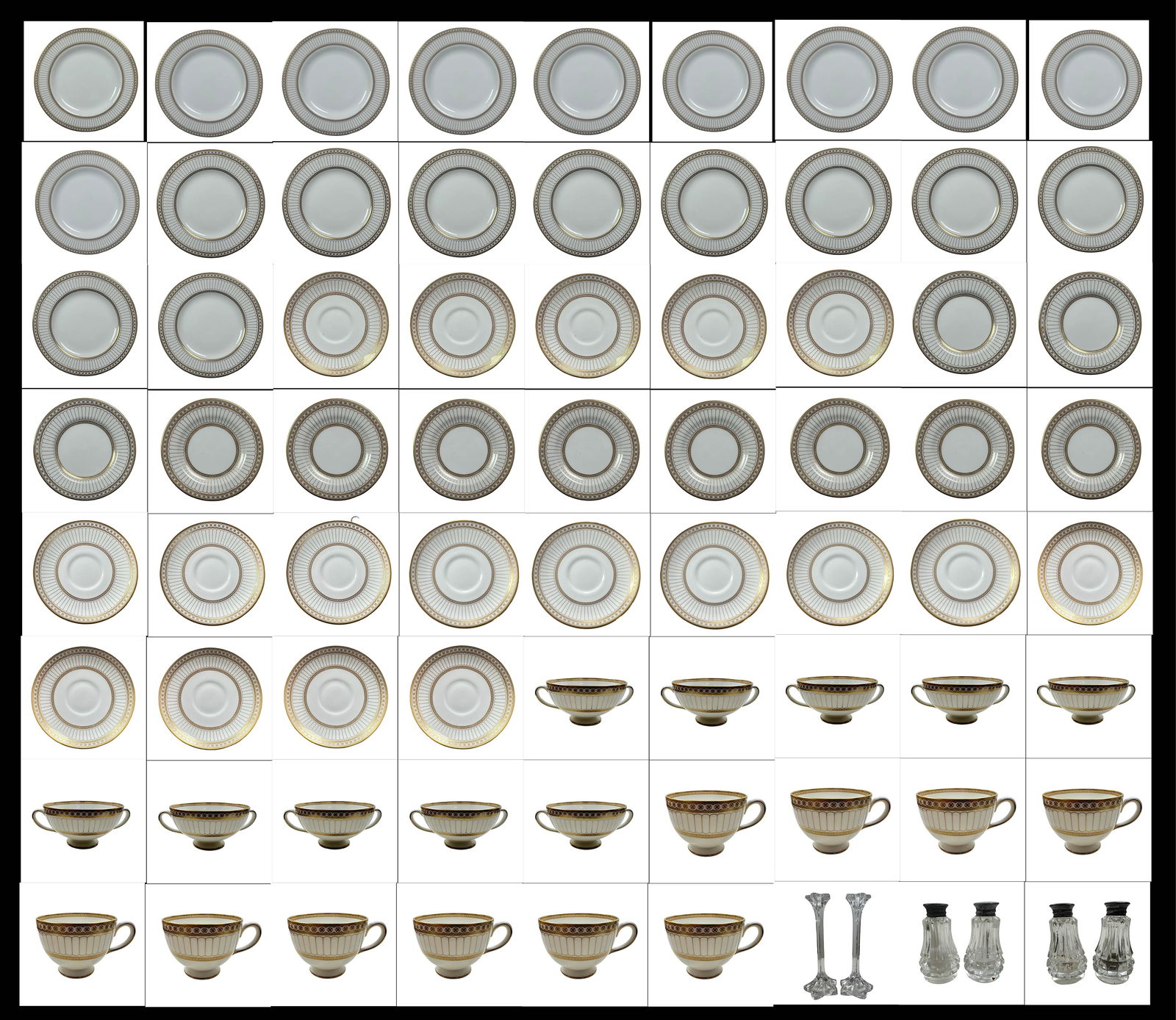Monumental Wedgwood Neoclassical Gilt Dinner Service - 49 Pieces Ivory Bone China - 10 Dinner, 10: A commanding and architecturally refined Wedgwood neoclassical gilt dinner service comprising forty-nine coordinated pieces in luminous ivory bone china, exemplifying the firm’s enduring mastery of