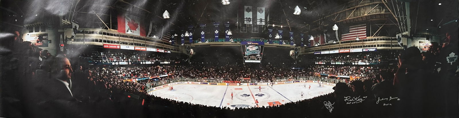 Maple Leaf Gardens Massive Photo Signed by Gilmour, Kelly & Bower: A massive autographed image of the inside of Maple Leaf Gardens in Toronto, Ontario, Canada. This piece has been signed by Doug Gilmour (93 HOF 11), Red kelly (#4 HOF 69), and Johnny Bower (#1 HOF 76)