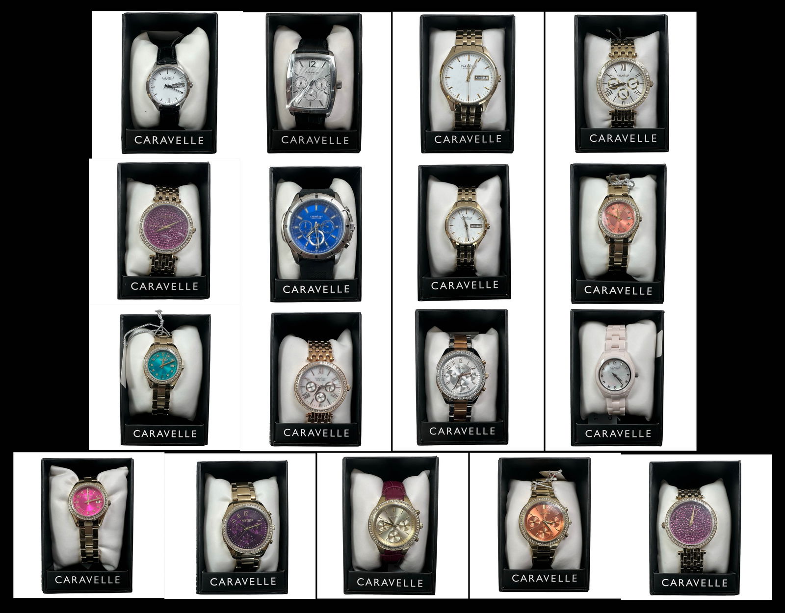 Caravelle New York NOS Watch Collection - 17 Boxed Men’s & Ladies Chronograph Dress Sport Crystal: An impressive and cohesive new old stock collection of seventeen Caravelle New York wristwatches, each preserved in its original branded presentation box and representing a broad and commercially desi
