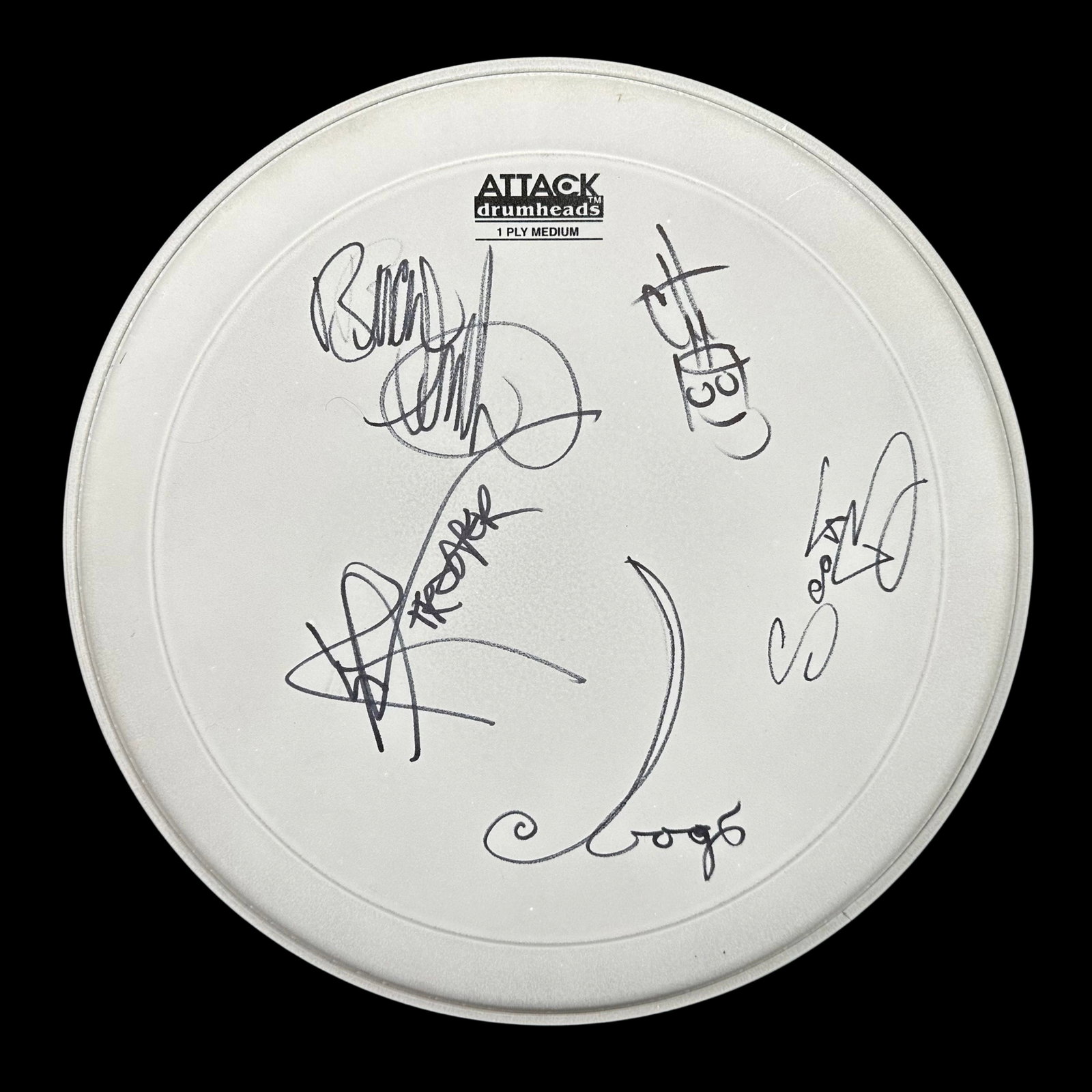Trooper Signed Drumhead: An autographed Attack Drumheads drumhead by the band Trooper. In excellent condition. Signatures obtained in person, backstage at a Trooper concert in Toronto, Ontario. Memorabilia, Autographs, Signat