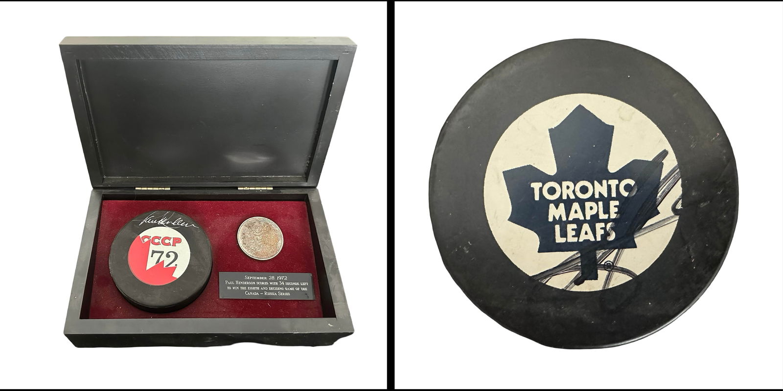 Paul Henderson Signed 1972 Summit Series 25th Anniversary Commemorative Puck and Coin Presentation: A historically important and highly collectible commemorative presentation set celebrating one of the most iconic moments in the history of international hockey - Paul Henderson’s legendary game-win
