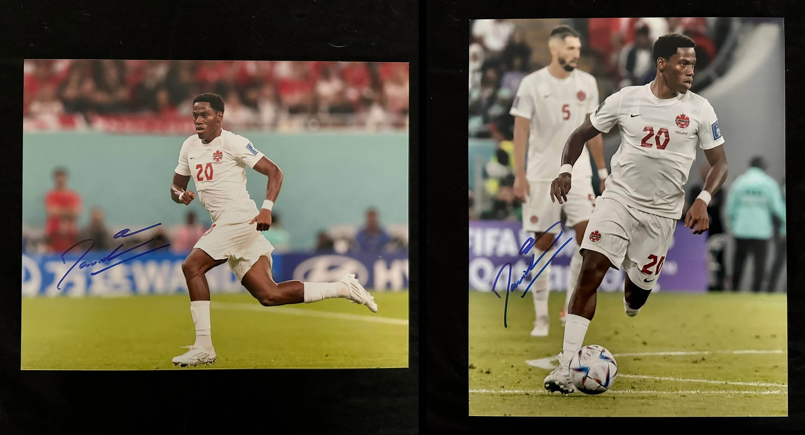 Jonathan David Team Canada Soccer Signed Photos: A pair of autographed photographs of Jonathan David playing for Team Canada Soccer in the Fifa World Cup. One photograph was originally takn by USA Today Sports. Includes with COA's. Sports Memorabili