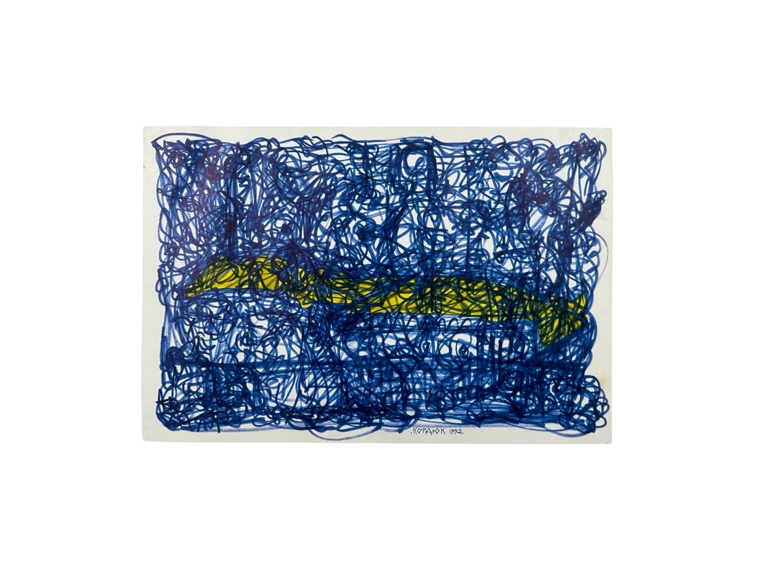 Ihor Kordiuk, Untitled, Original: Ihor Kordiuk, Untitled, original ink on paper, signed and dated '92 both on the piece, and lower left, mounted on backing. A long yellow fish swims through blue water swirls. In excellent condition. I