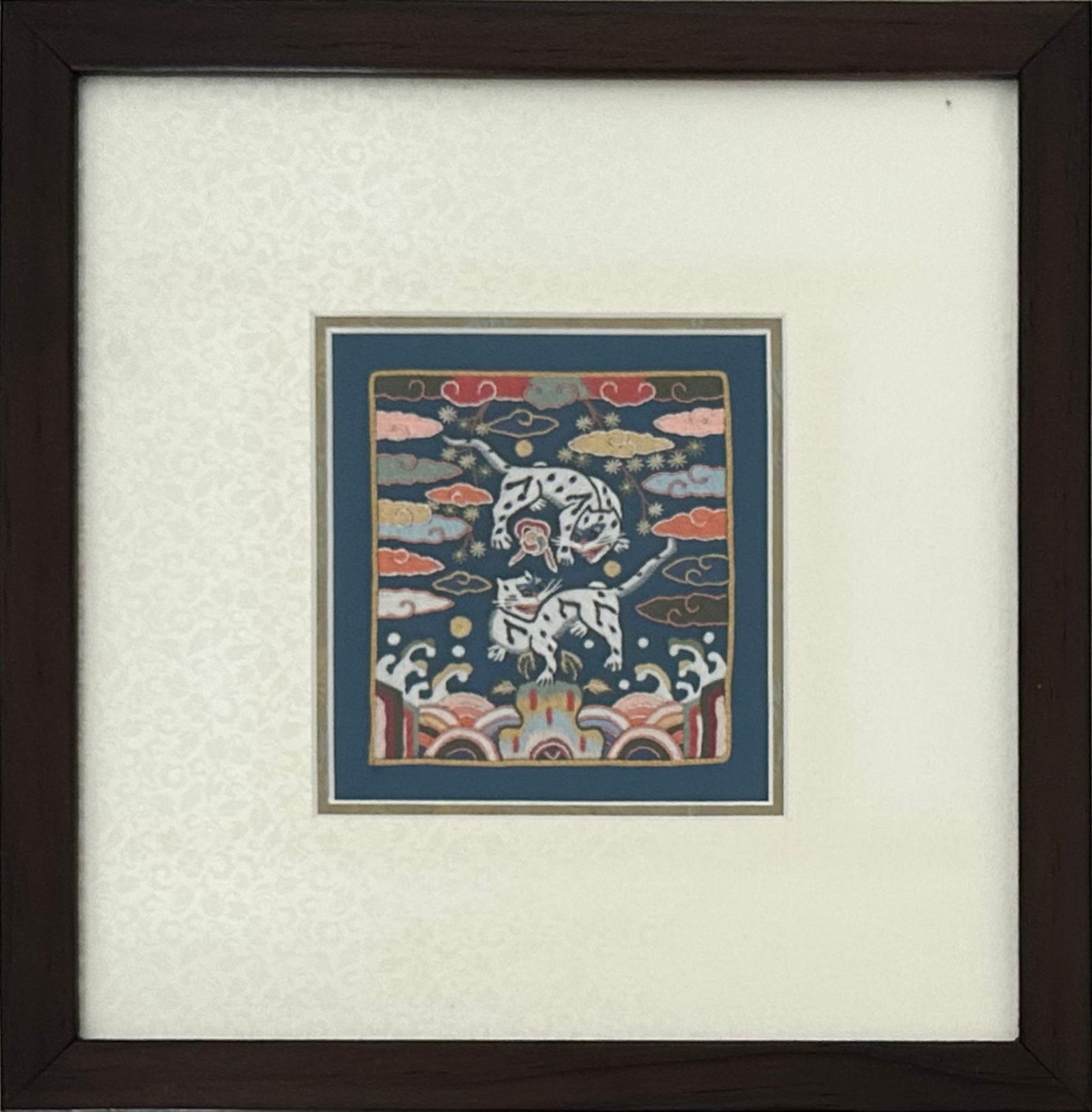 Framed Korean Embroidered Twin Tigers Hyungbae Rank Badge - Traditional Joseon Dynasty Style (1 of 4)