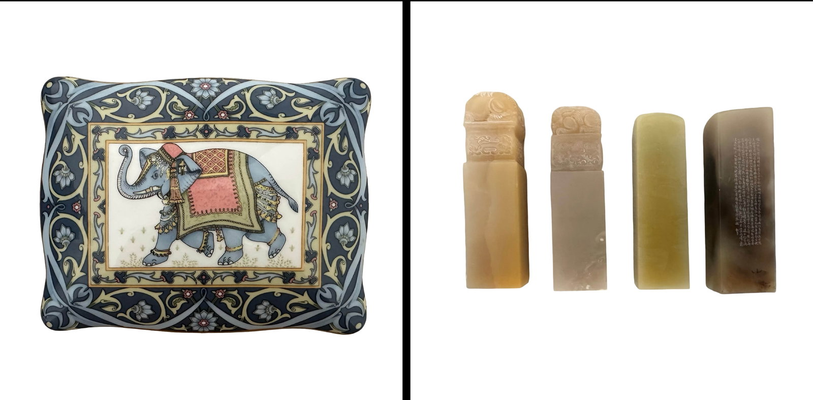 Set of Four Chinese Carved Shoushan Soapstone Name Seals with Presentation Boxes and Wedgwood: Offered here is a finely curated set of four Chinese carved Shoushan soapstone seals, beautifully presented in two original brocade silk-lined presentation boxes, accompanied by a vibrant Wedgwood fin